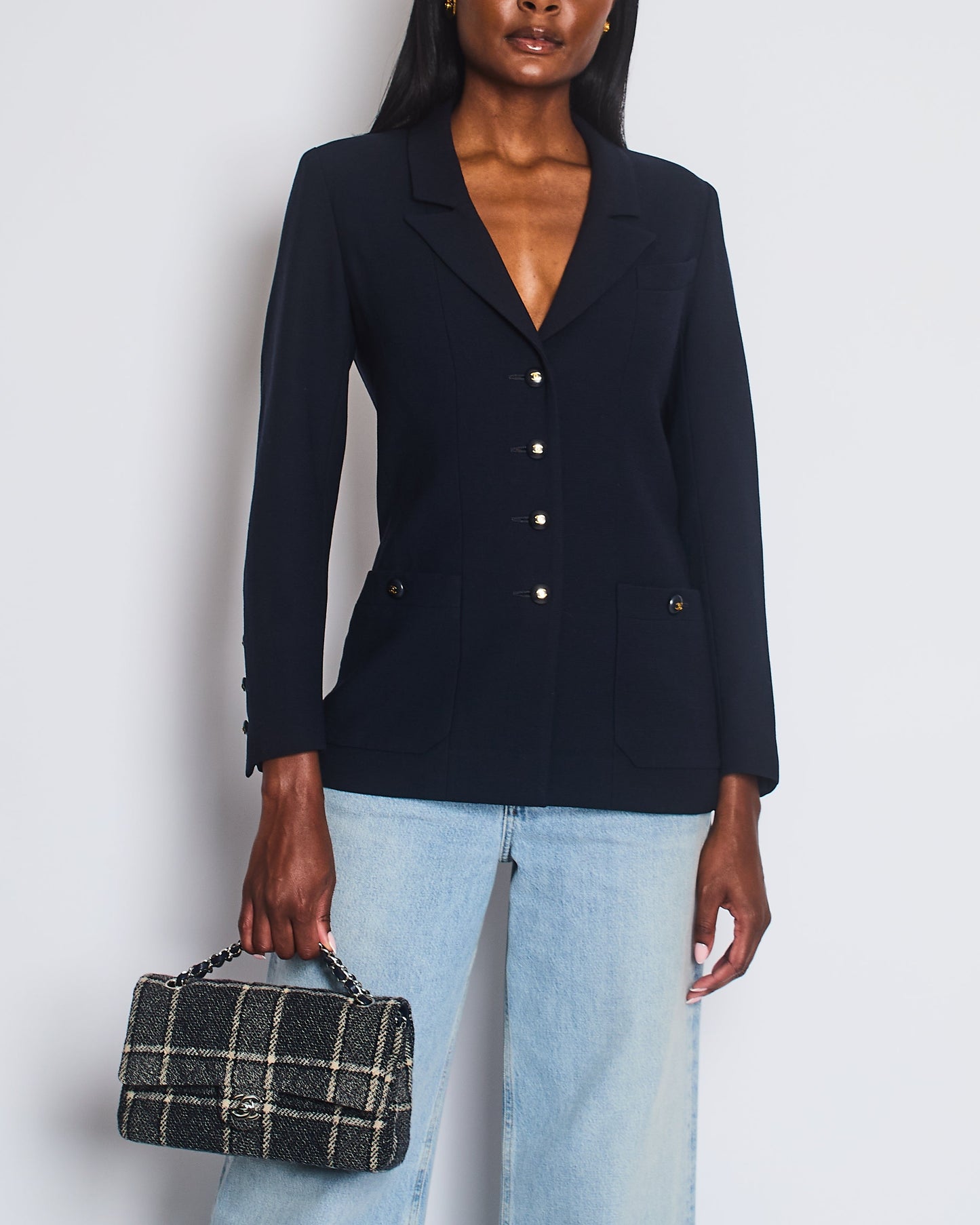 Chanel   Navy Jacket with Black and Gold CC Buttons and Pocket Detail Size FR 38/40 (UK 10/12)