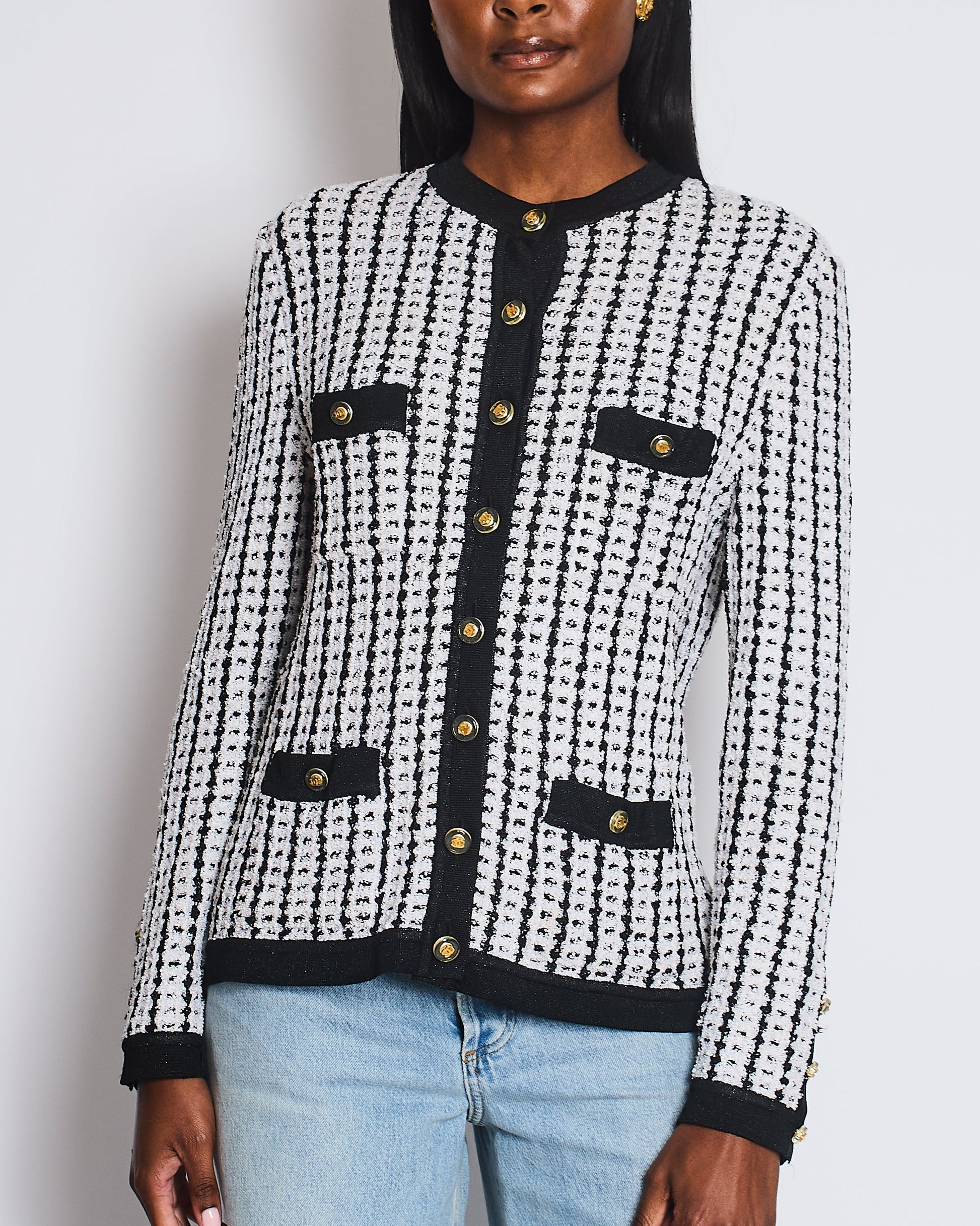Chanel Spring Black And White Cardigan With Gold And Transparent Cc Buttons Detail Size Fr 38 (Uk 10) Bag