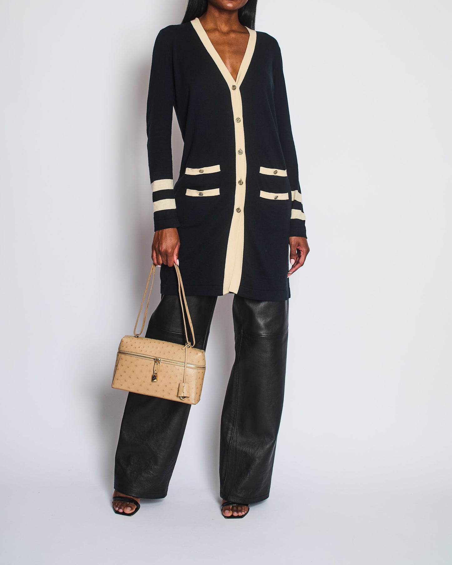 Chanel Black Cashmere Long Cardigan With Cream Trim Detail, Gold Glitter And Silver Cc Buttons Size Fr 38 (Uk 10) Bag
