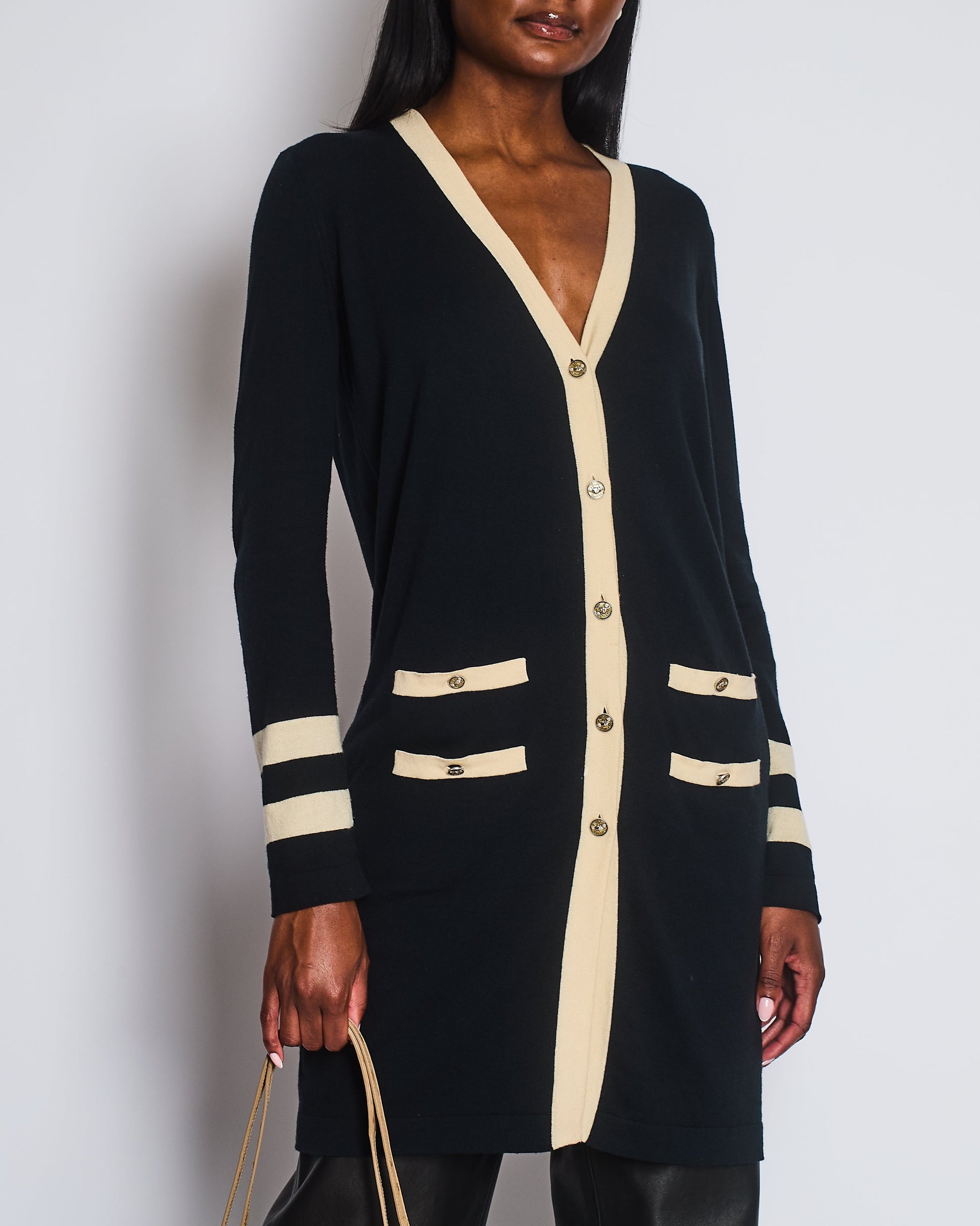 Chanel Black Cashmere Long Cardigan With Cream Trim Detail, Gold Glitter And Silver Cc Buttons Size Fr 38 (Uk 10) Bag