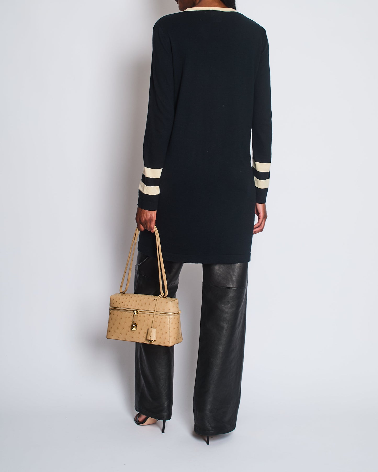 Chanel Black Cashmere Long Cardigan With Cream Trim Detail, Gold Glitter And Silver Cc Buttons Size Fr 38 (Uk 10) Bag