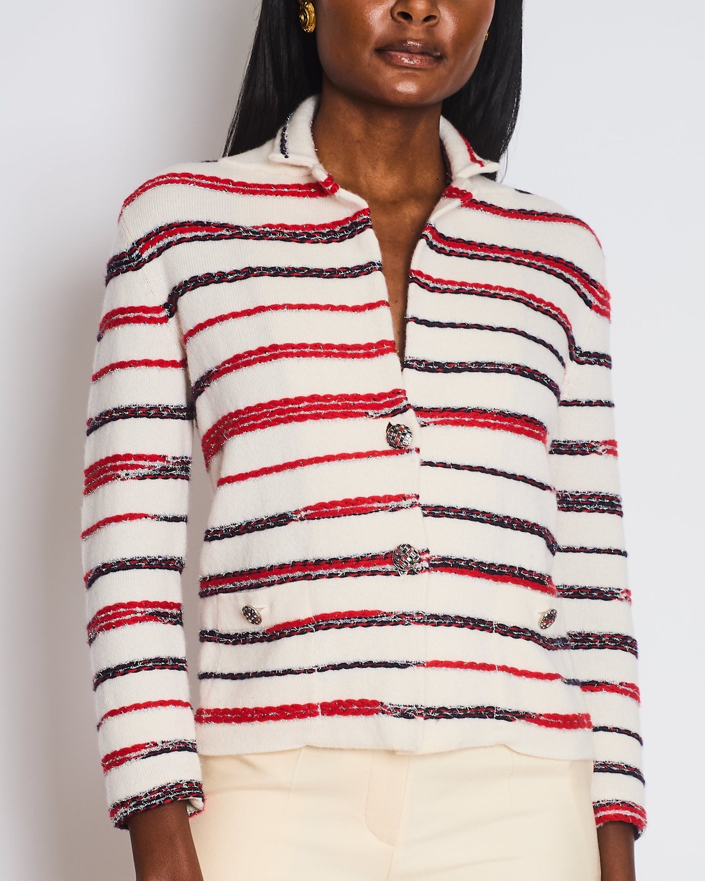 Chanel 20/S White Striped Tweed Button Down Cashmere Cardigan Size Fr 34 (Uk 6) Bag