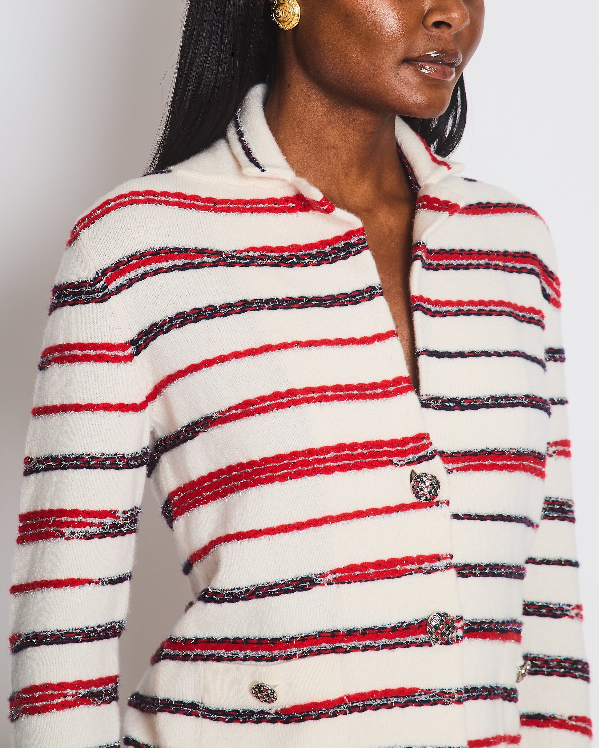 Chanel 20/S White Striped Tweed Button Down Cashmere Cardigan Size Fr 34 (Uk 6) Bag