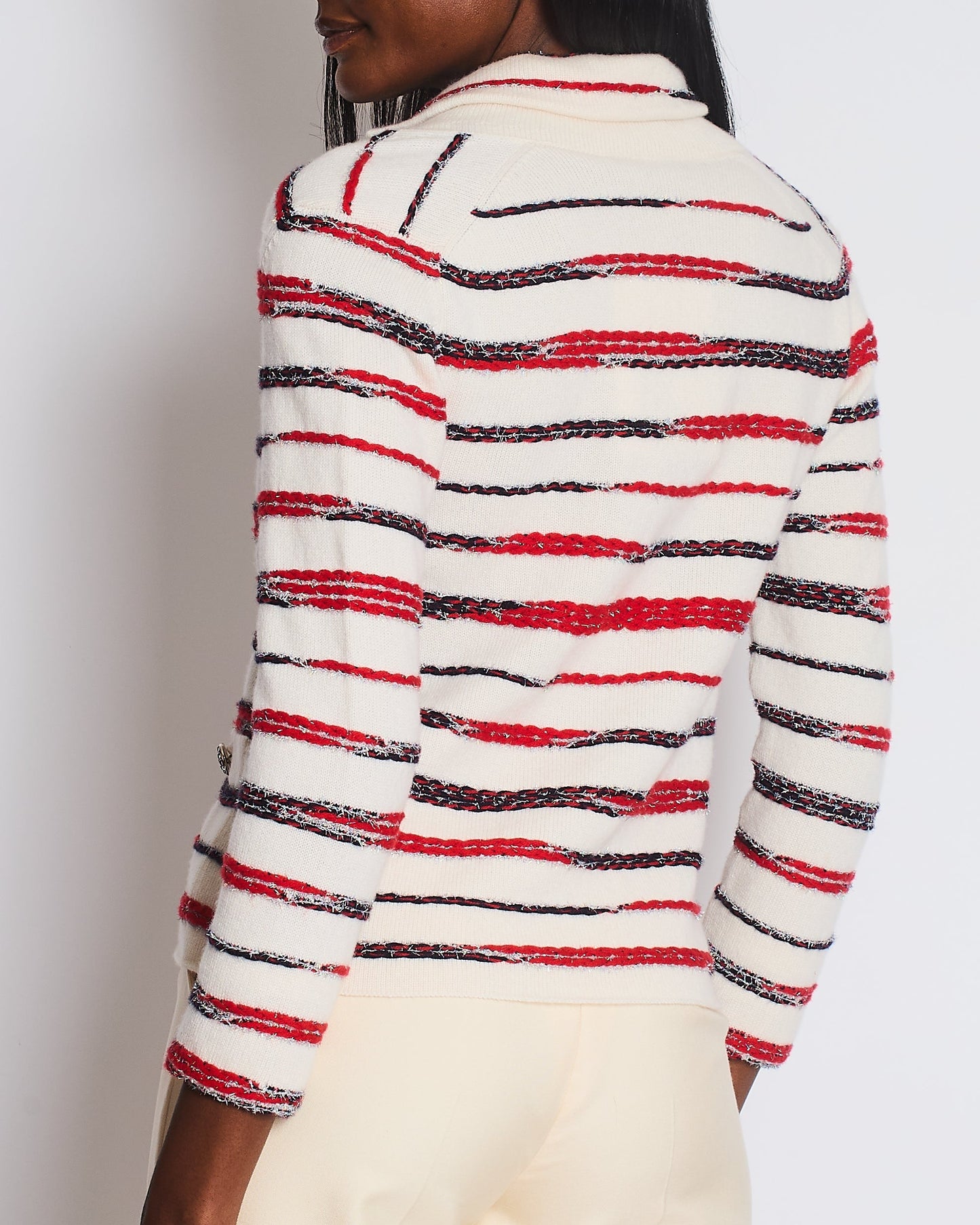Chanel 20/S White Striped Tweed Button Down Cashmere Cardigan Size Fr 34 (Uk 6) Bag