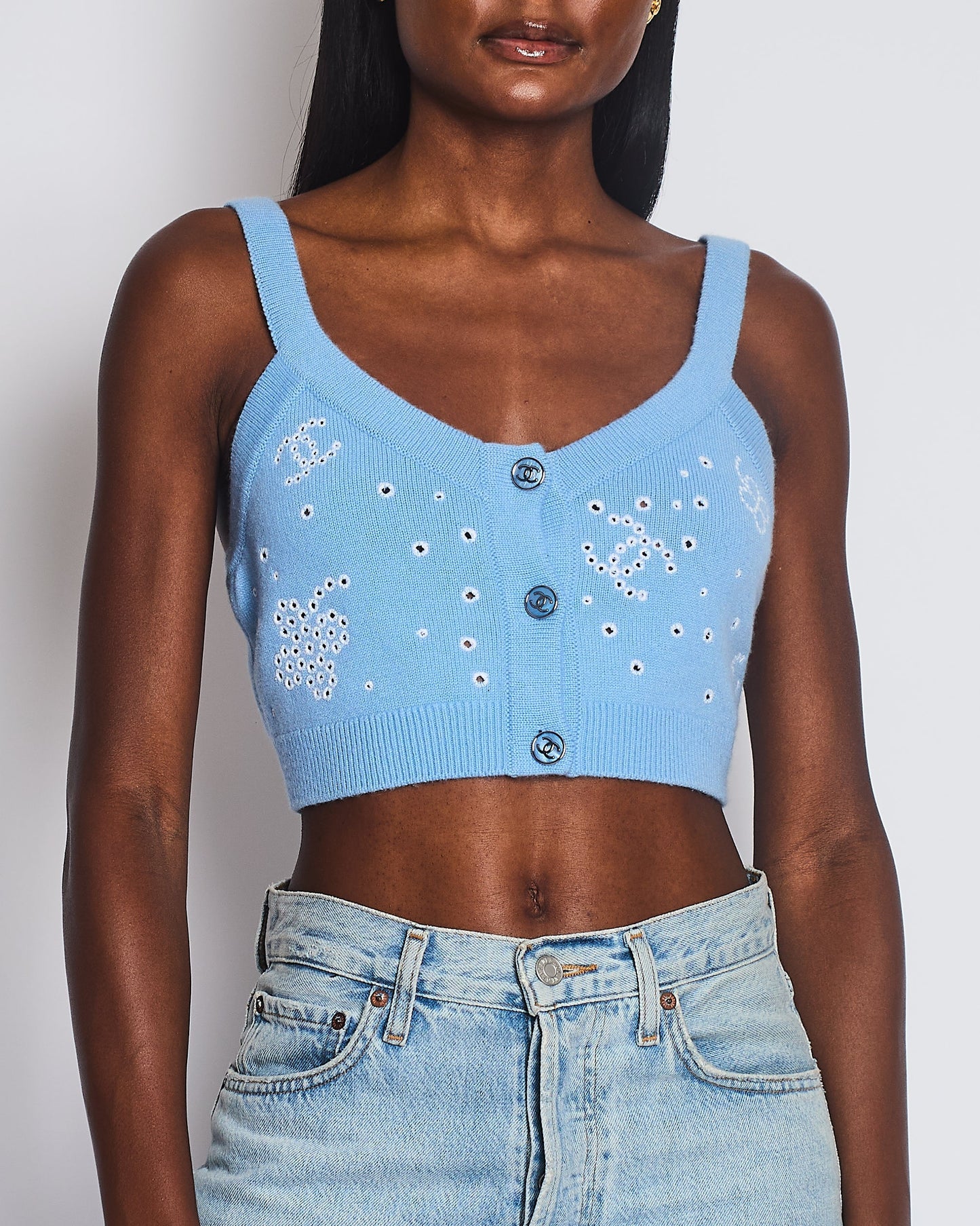 Chanel S/S Sky Blue Knitted Cropped Top With Cc Logo & Shamrock Embroidery Details Size Fr 38 (Uk 10) Bag