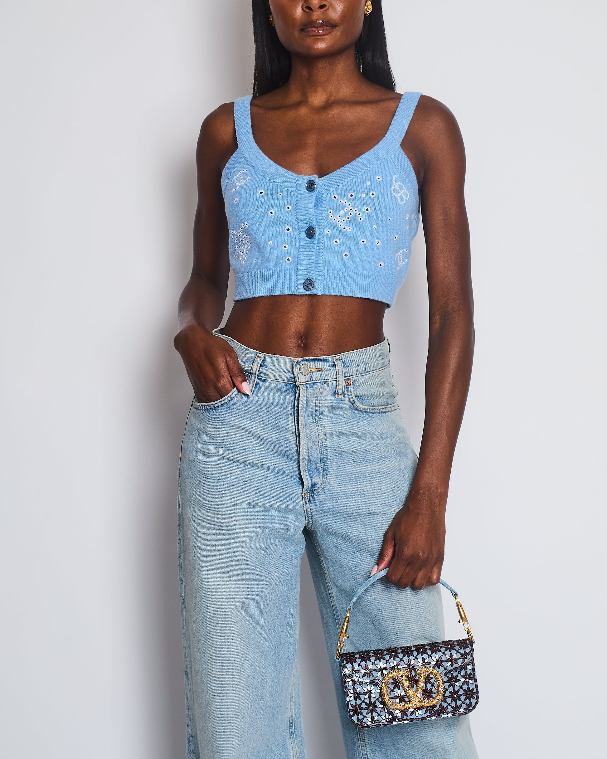 Chanel S/S Sky Blue Knitted Cropped Top With Cc Logo & Shamrock Embroidery Details Size Fr 38 (Uk 10) Bag