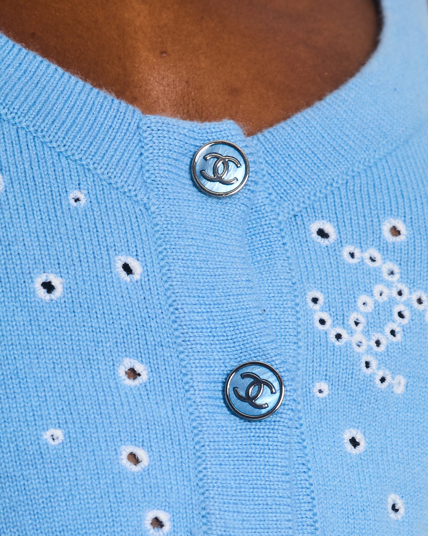 Chanel S/S 2023 Sky Blue Knitted Cropped Top with CC Logo & Shamrock Embroidery Details Size FR 38 (UK 10)