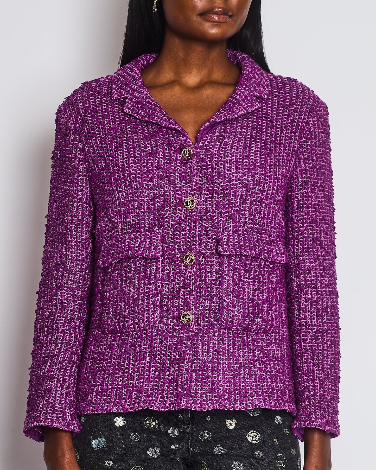 Chanel 21C Purple Tweed Blazer with CC Buttons and Pockets Detail Size FR 44 (UK 16)