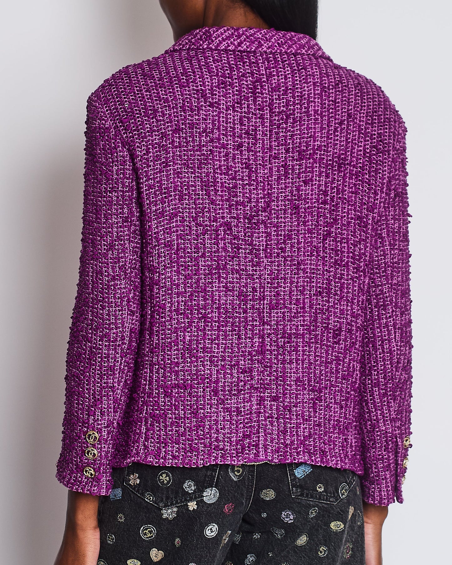 Chanel 21C Purple Tweed Blazer with CC Buttons and Pockets Detail Size FR 44 (UK 16)