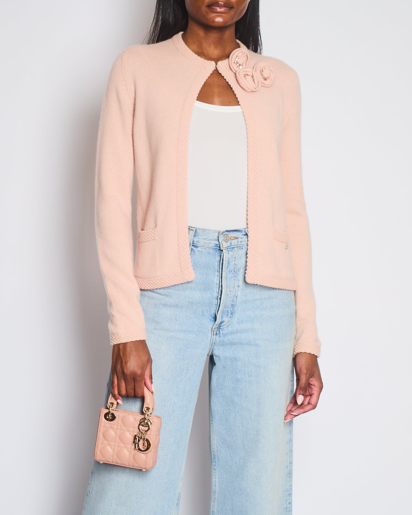 Chanel 05/S Pink Cashmere Cardigan With Floral Crystals Size Fr 38 (Uk 10) Bag