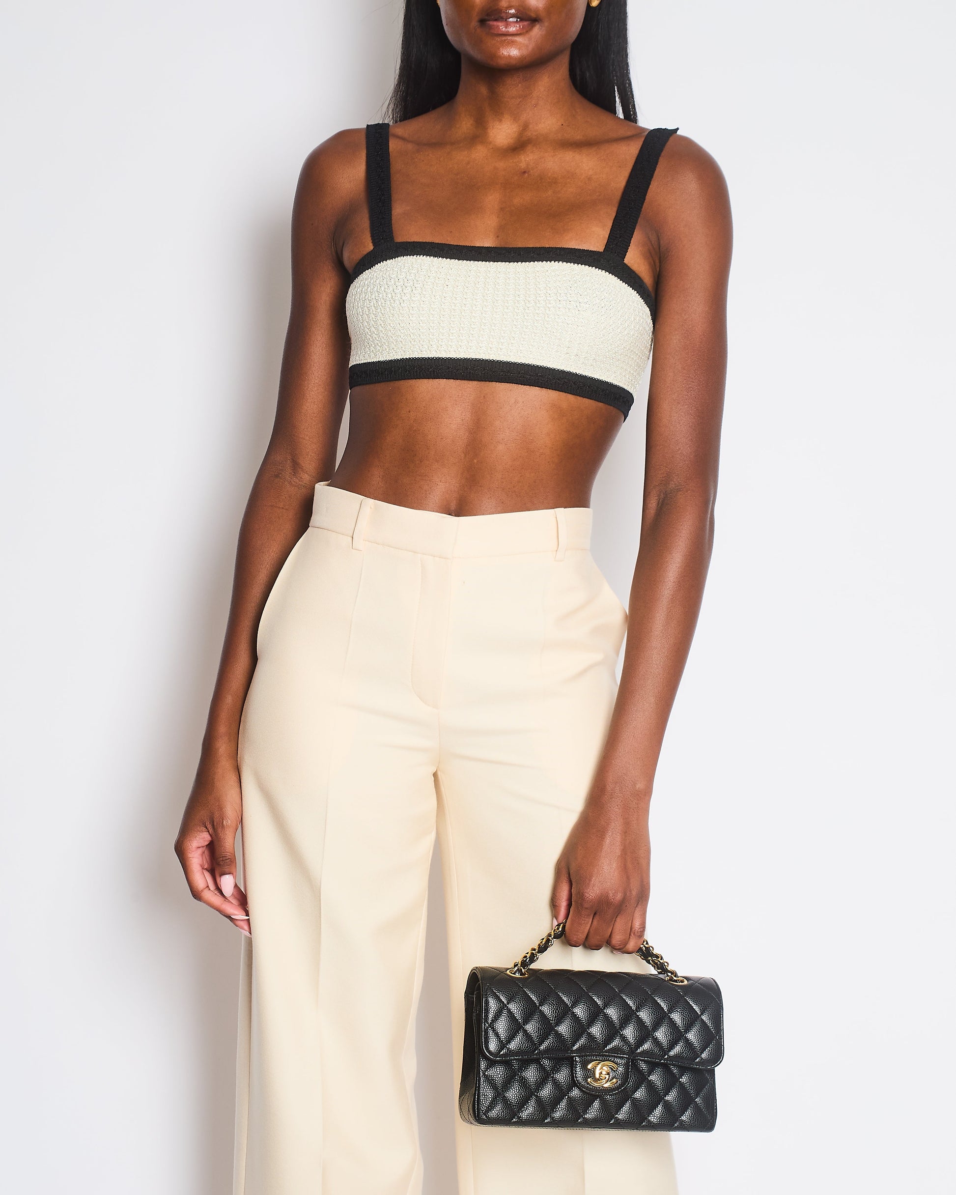 Chanel 24P Cream Black Tweed Bralette Top With Black Cc Buttons Detail Size Fr 34 (Uk 6) Bag