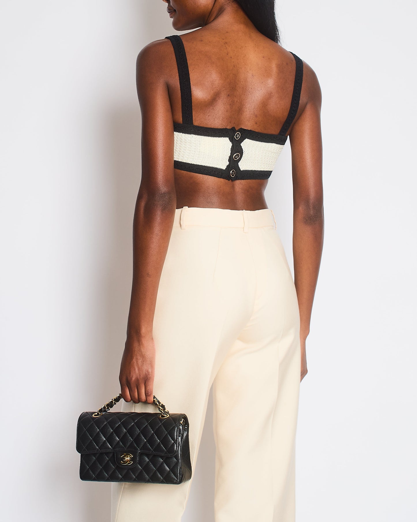Chanel 24P Cream Black Tweed Bralette Top With Black Cc Buttons Detail Size Fr 34 (Uk 6) Bag