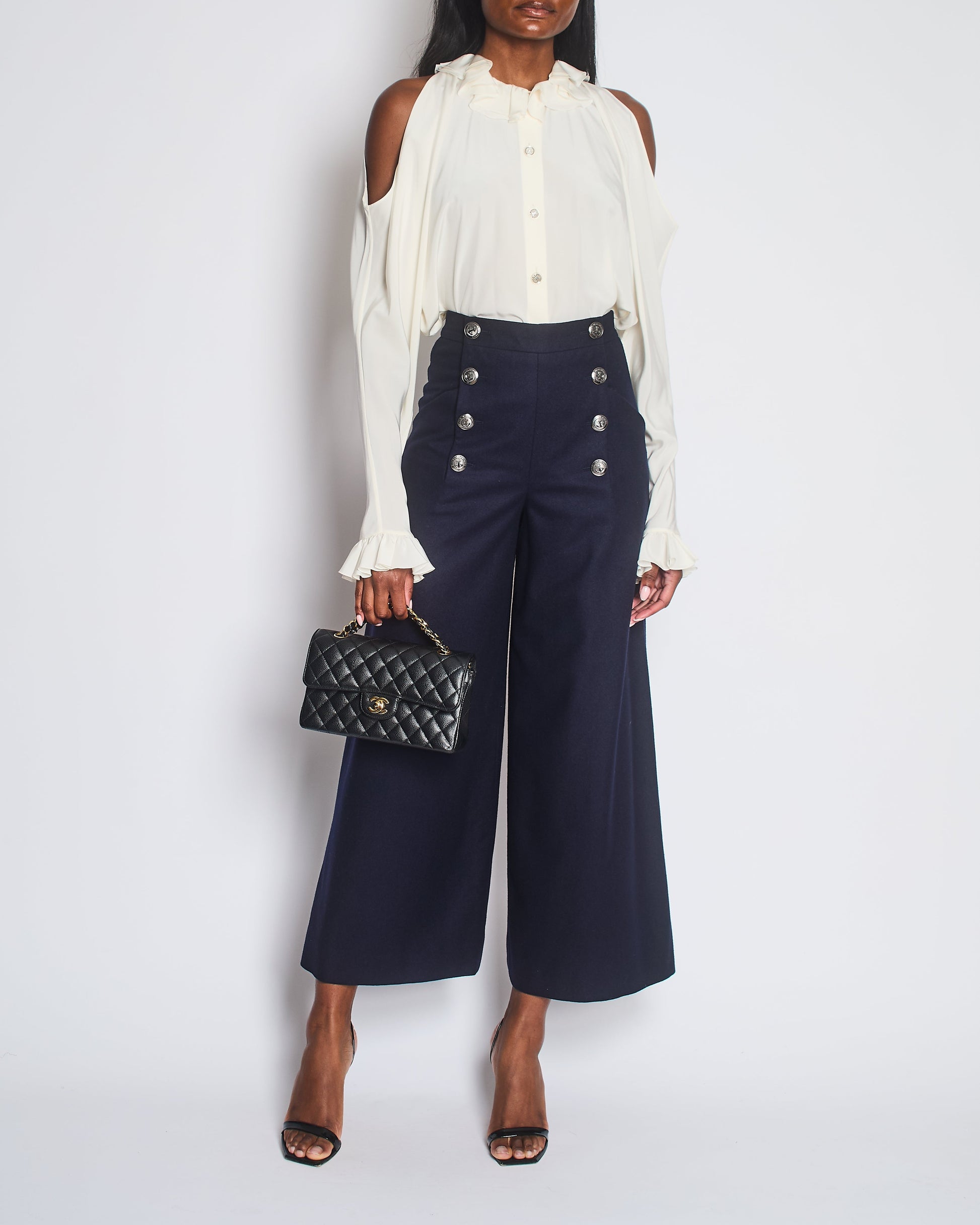 Chanel Navy Wool High Waisted Culottes With Button Detail Size Fr 34 (Uk 6) Bag