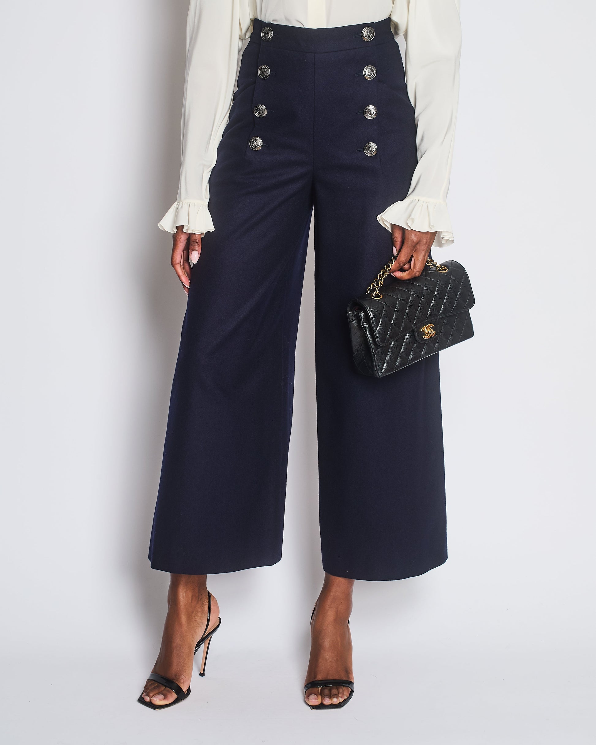 Chanel Navy Wool High Waisted Culottes With Button Detail Size Fr 34 (Uk 6) Bag