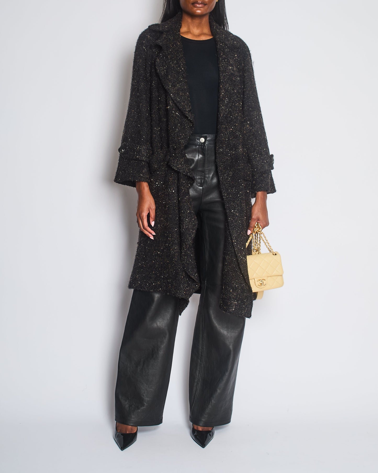 Chanel Black Wool Long Coat With Silver Lion Buttons Detail Size Fr 36 (uk 8)