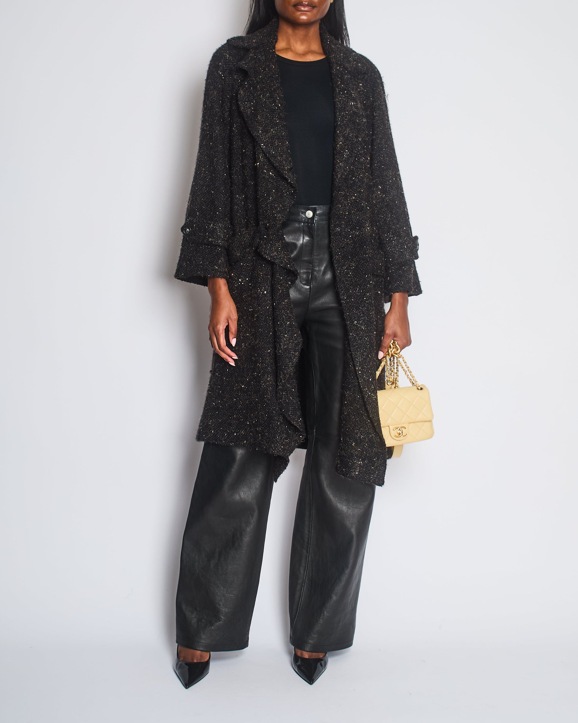 Chanel Black Wool Long Coat With Silver Lion Buttons Detail Size Fr 36 (uk 8)