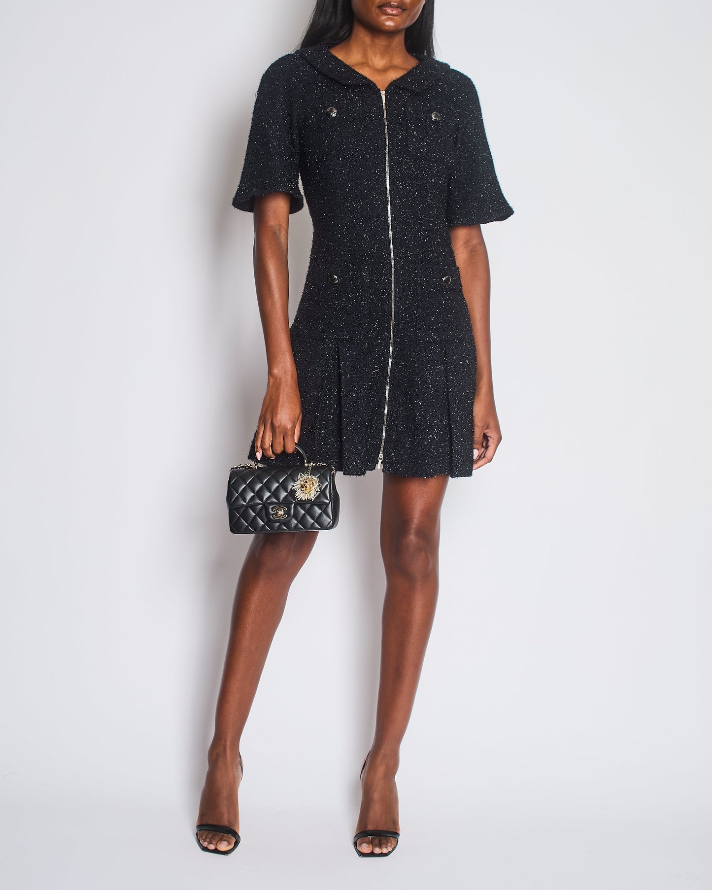 Chanel Black Shimmery Mini Dress with Silver Zip and Globe CC Buttons Detail Size FR 36 (UK 8)