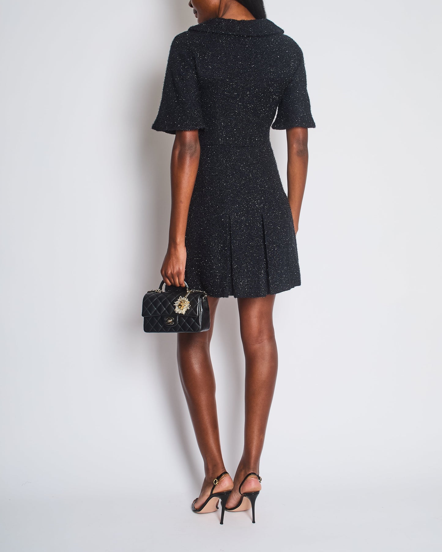 Chanel Black Shimmery Mini Dress with Silver Zip and Globe CC Buttons Detail Size FR 36 (UK 8)