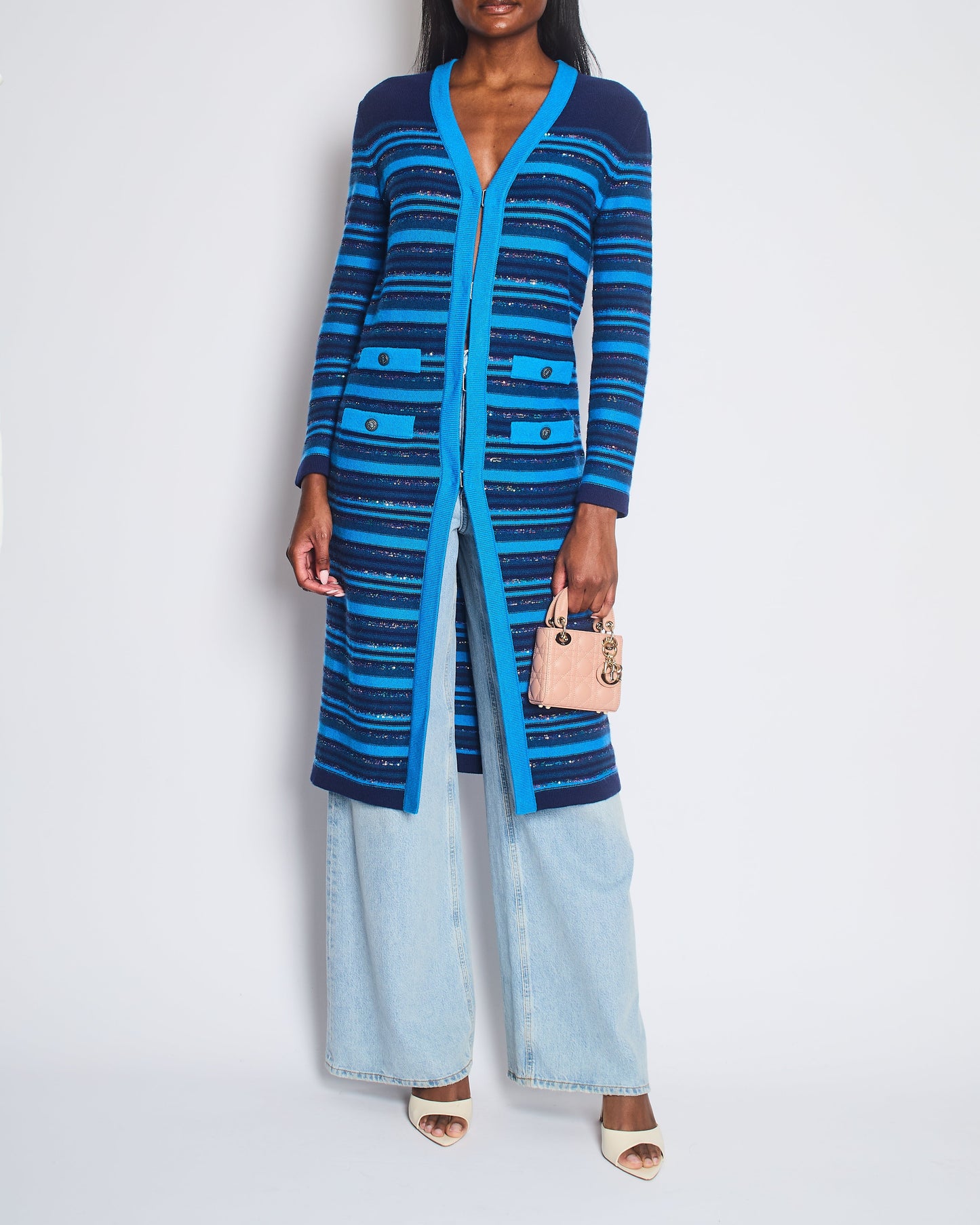 Chanel 20C Blue And Navy Cashmere Striped Long Cardigan With Multicolour Sequins Detail And Silver Camelia Cc Buttons Size Fr 36 (Uk 8) Bag