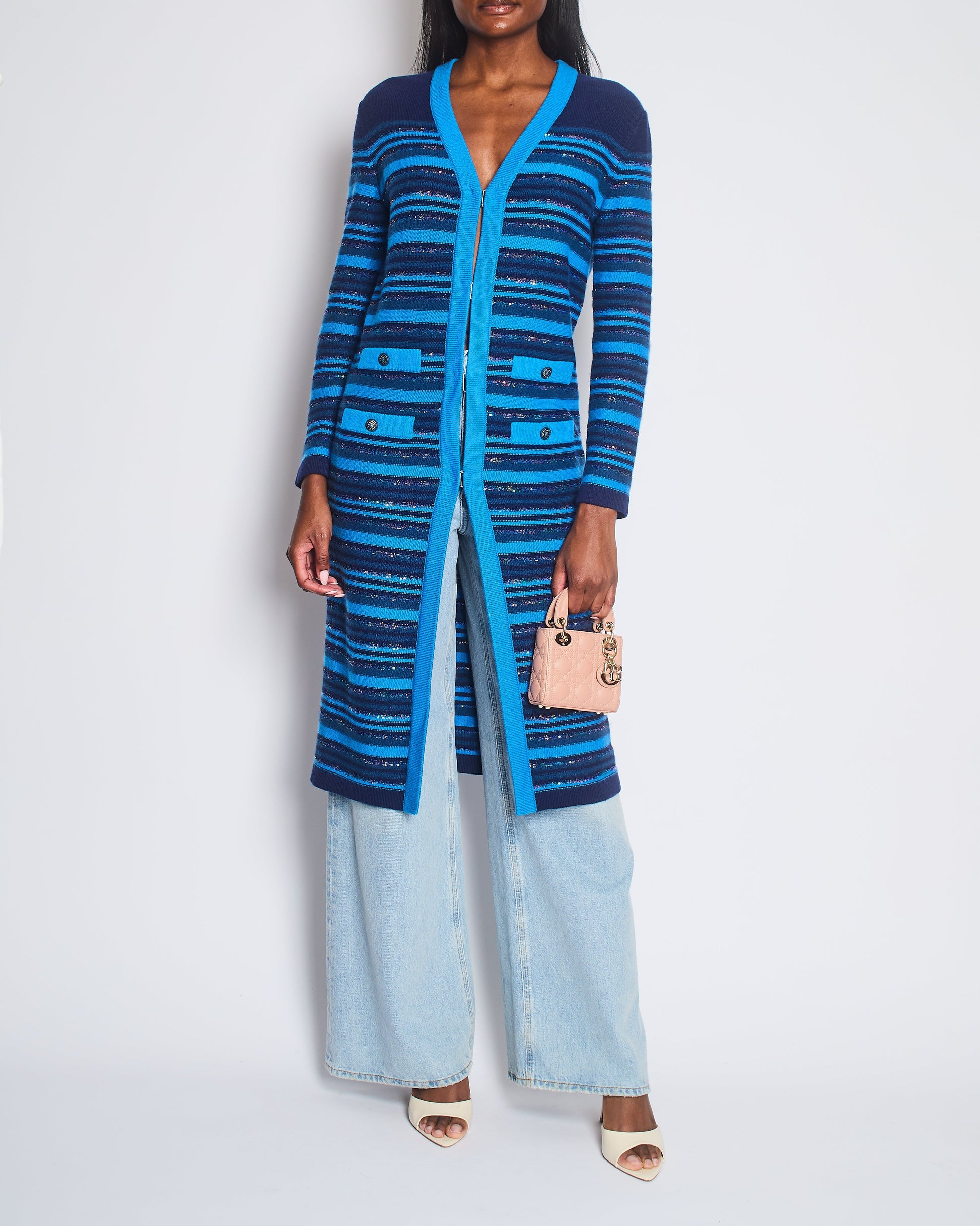Chanel 20C Blue And Navy Cashmere Striped Long Cardigan With Multicolour Sequins Detail And Silver Camelia Cc Buttons Size Fr 36 (Uk 8) Bag