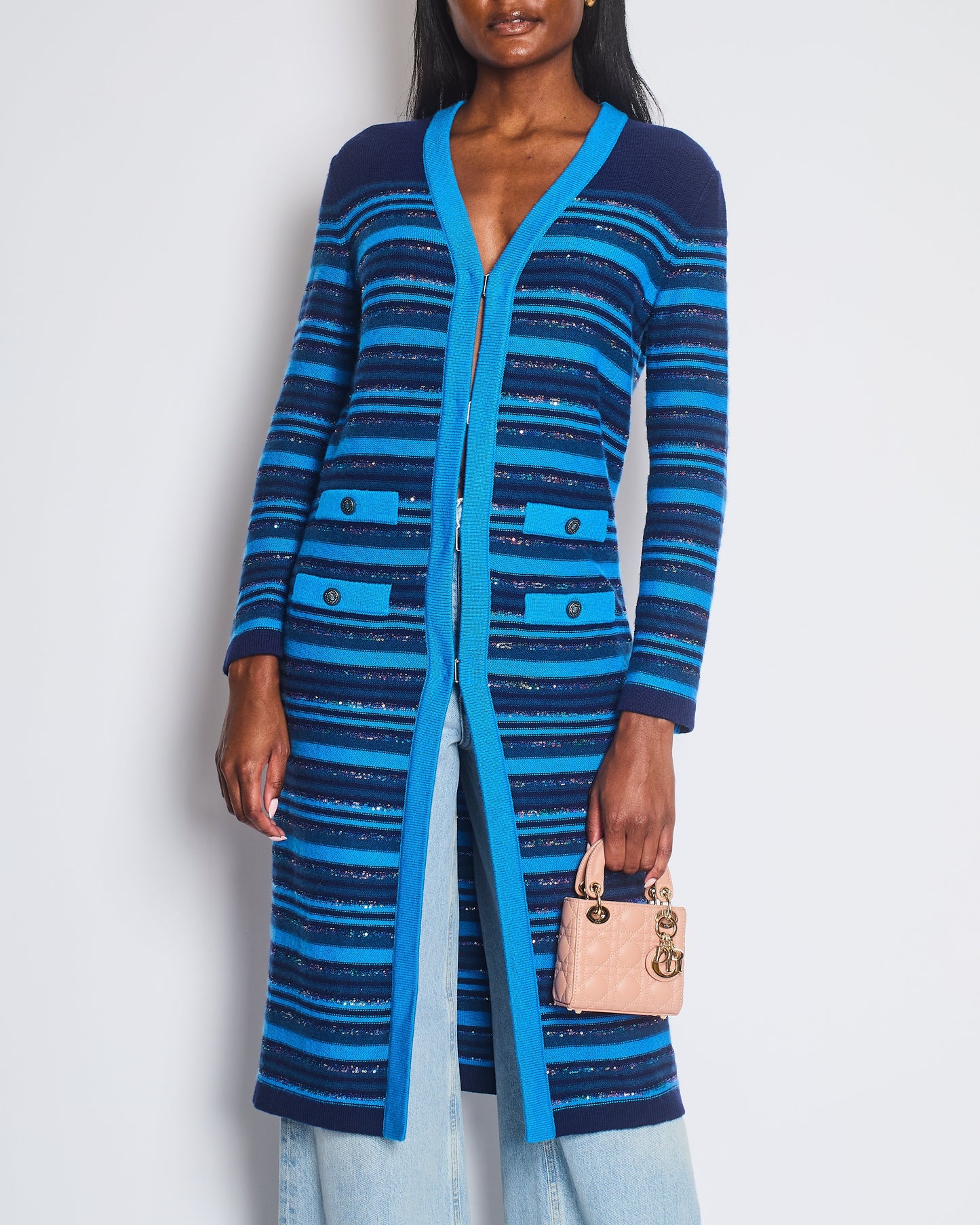 Chanel 20C Blue And Navy Cashmere Striped Long Cardigan With Multicolour Sequins Detail And Silver Camelia Cc Buttons Size Fr 36 (Uk 8) Bag