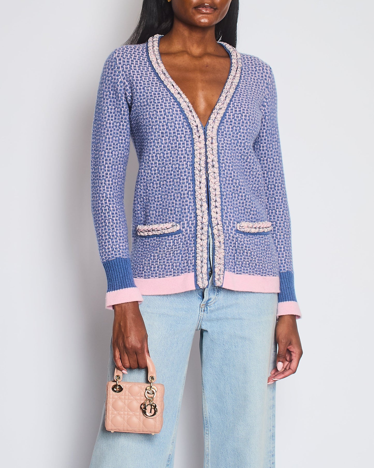 Chanel 11/C Blue And Pink Cashmere Knitted Cardigan With Braided Trim Detail Size Fr 36 (Uk 8) Bag