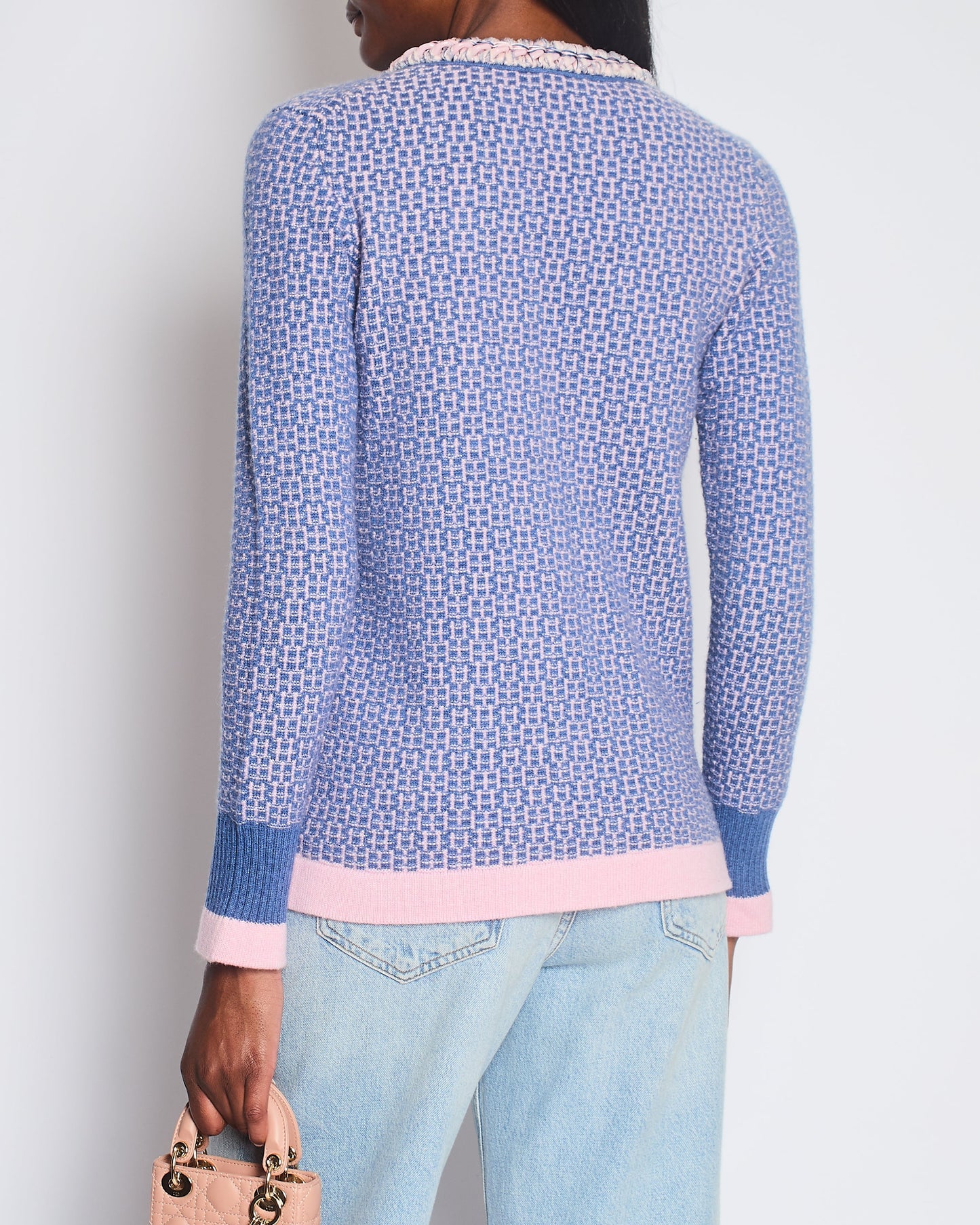 Chanel 11/C Blue And Pink Cashmere Knitted Cardigan With Braided Trim Detail Size Fr 36 (Uk 8) Bag
