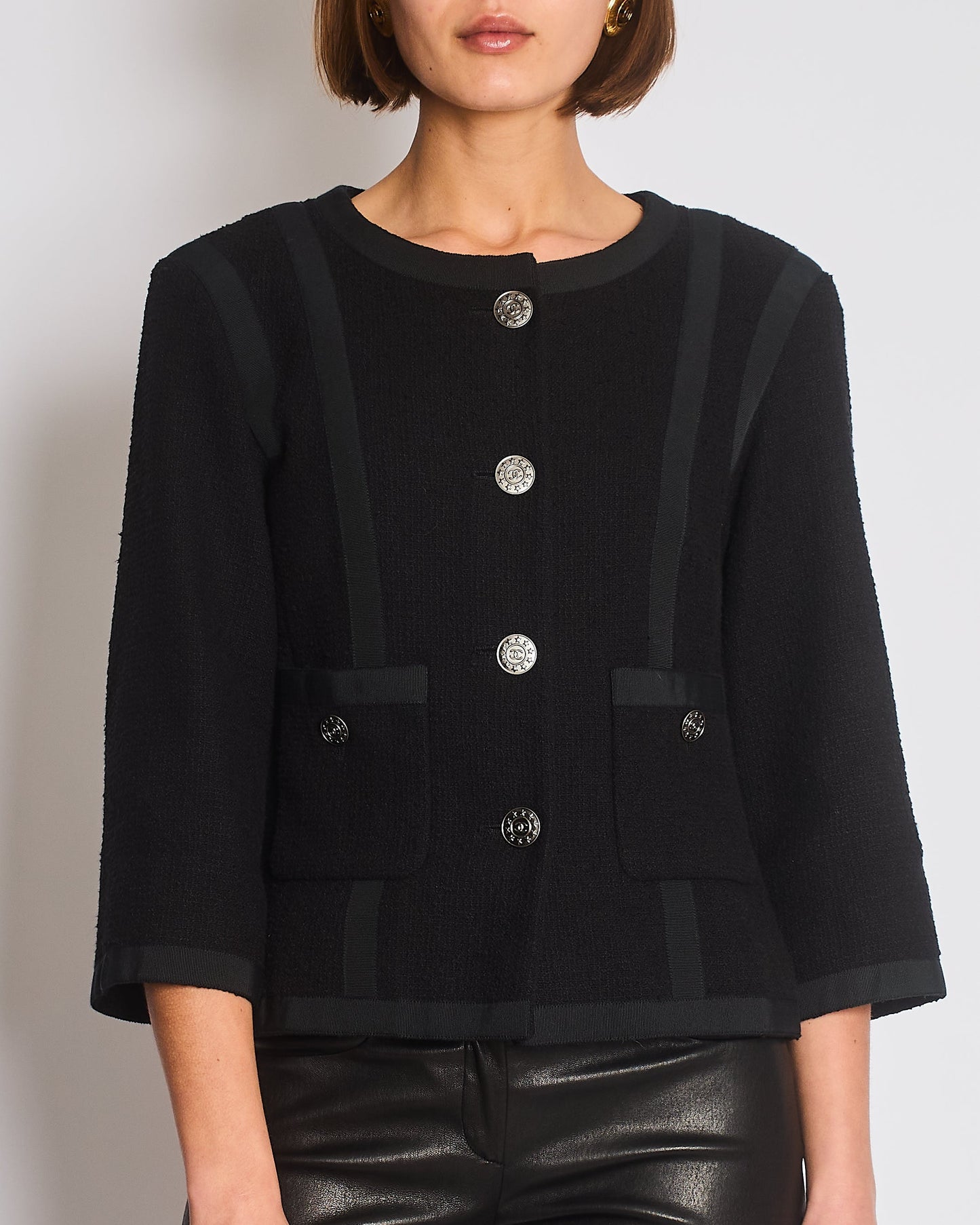 Chanel 13/P Black   Tweed Jacket with Ribbed Fabric Trim Details and Silver CC Logo Star Buttons Size FR 38 (UK 10)