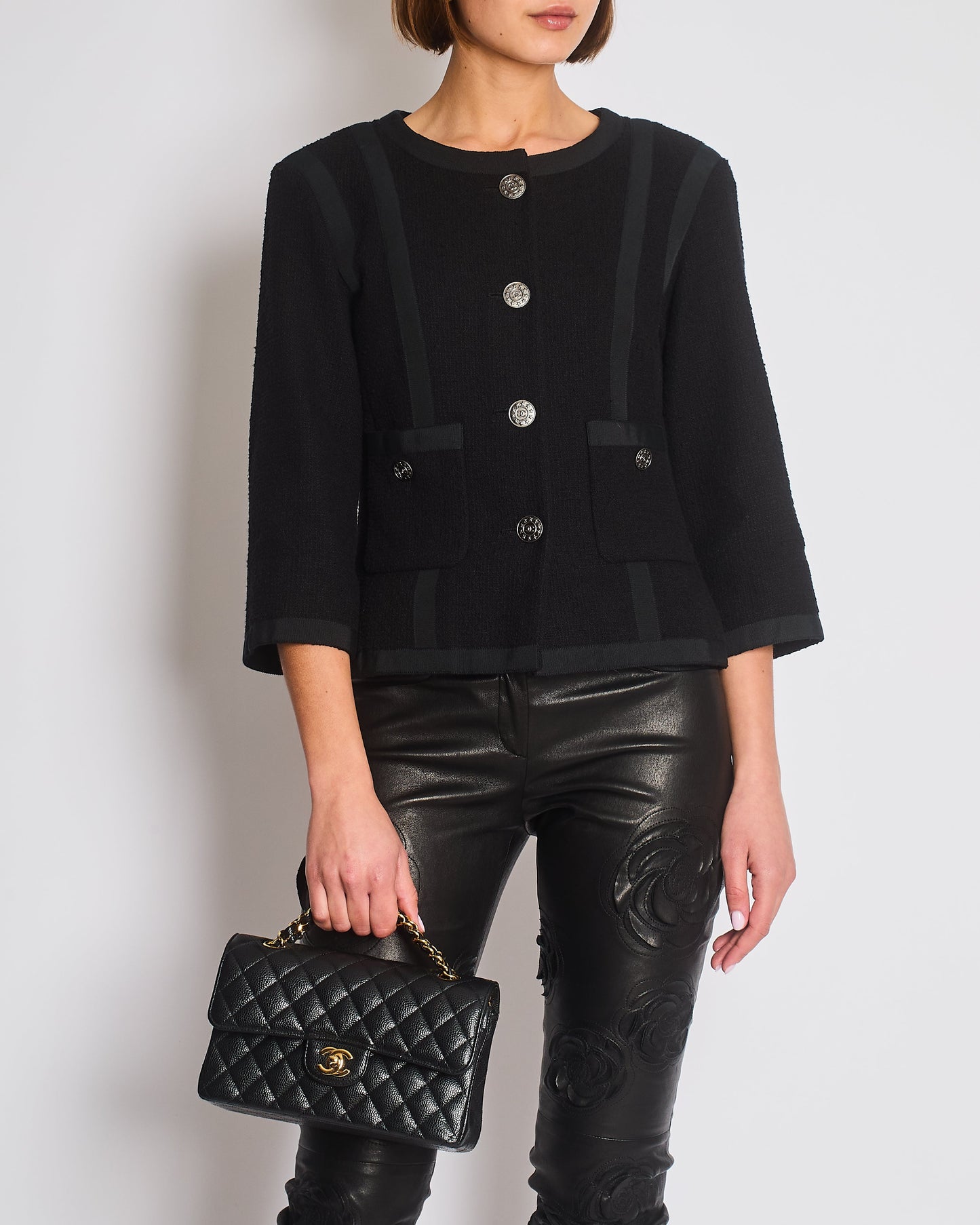 Chanel 13/P Black   Tweed Jacket with Ribbed Fabric Trim Details and Silver CC Logo Star Buttons Size FR 38 (UK 10)