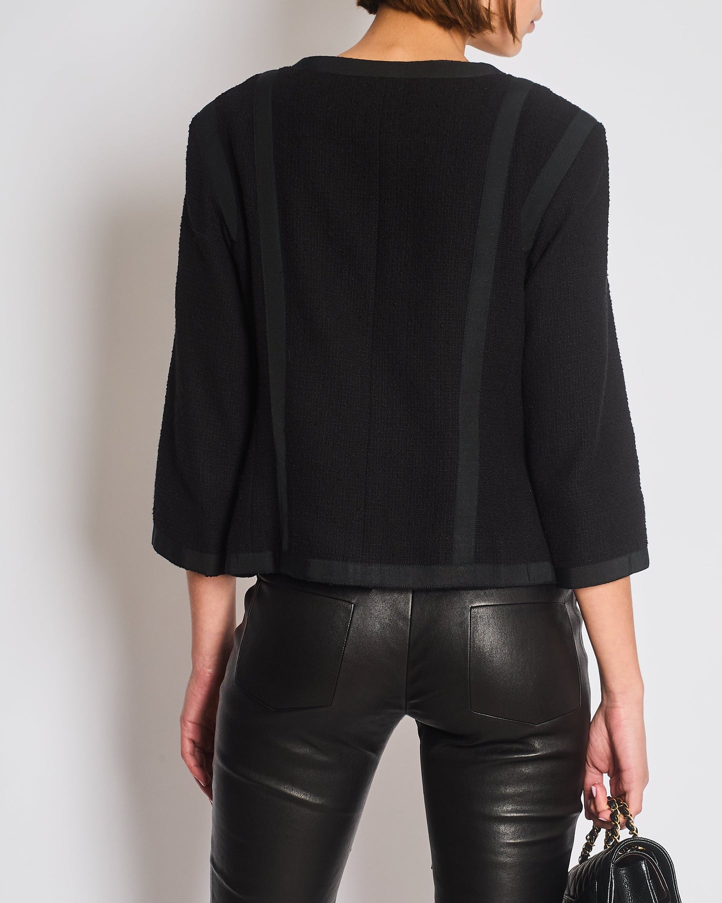 Chanel 13/P Black   Tweed Jacket with Ribbed Fabric Trim Details and Silver CC Logo Star Buttons Size FR 38 (UK 10)