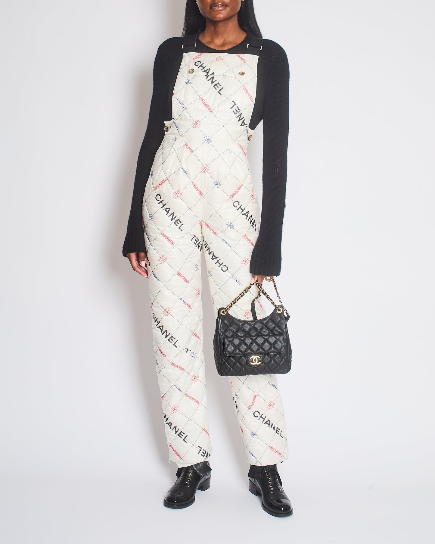 Chanel Fall White Quilted Ski Jumpsuit With Crystal Logo Details Size Fr 34 (Uk 6) Bag