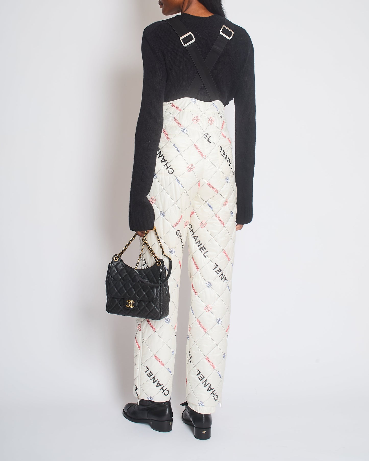 Chanel Fall White Quilted Ski Jumpsuit With Crystal Logo Details Size Fr 34 (Uk 6) Bag