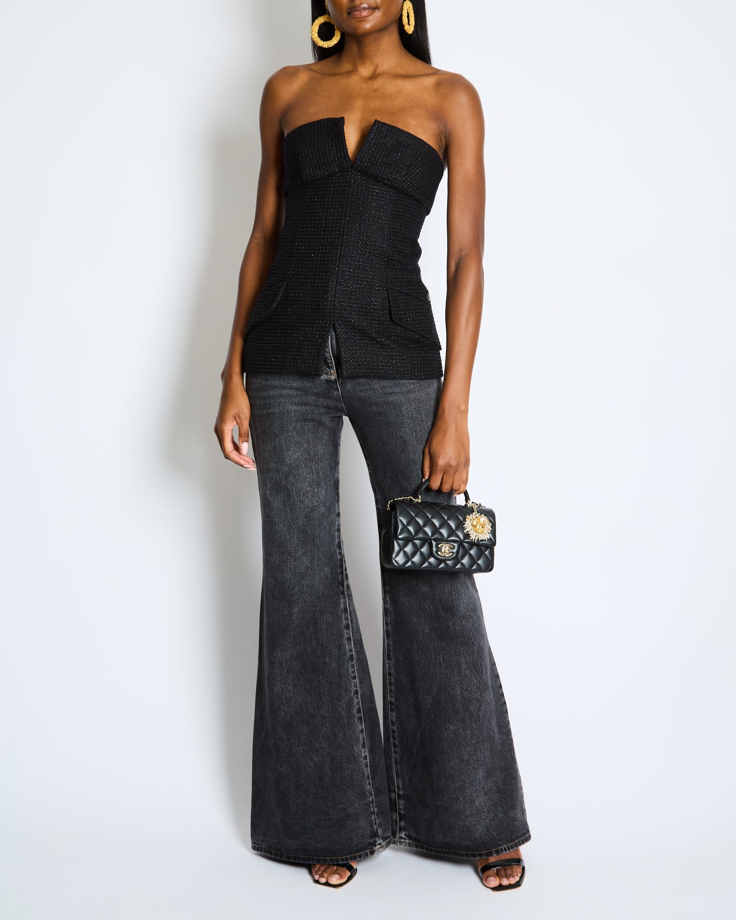 Chanel Black Shimmery Sleeveless Tweed Bustier Top With Silver Cc Logo Button Size Fr 34 (Uk 6) Bag