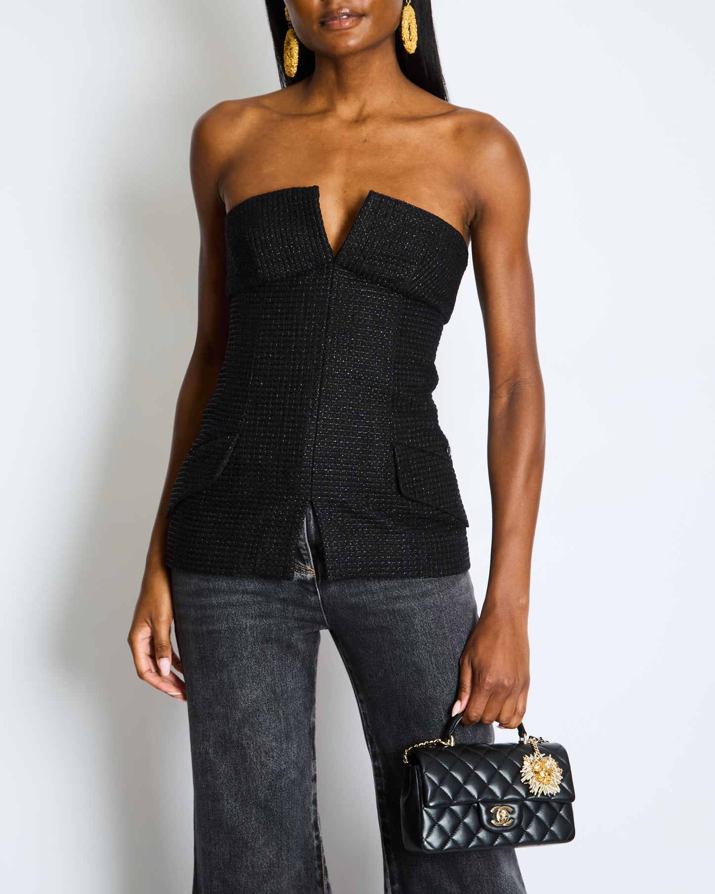 Chanel Black Shimmery Sleeveless Tweed Bustier Top With Silver Cc Logo Button Size Fr 34 (Uk 6) Bag