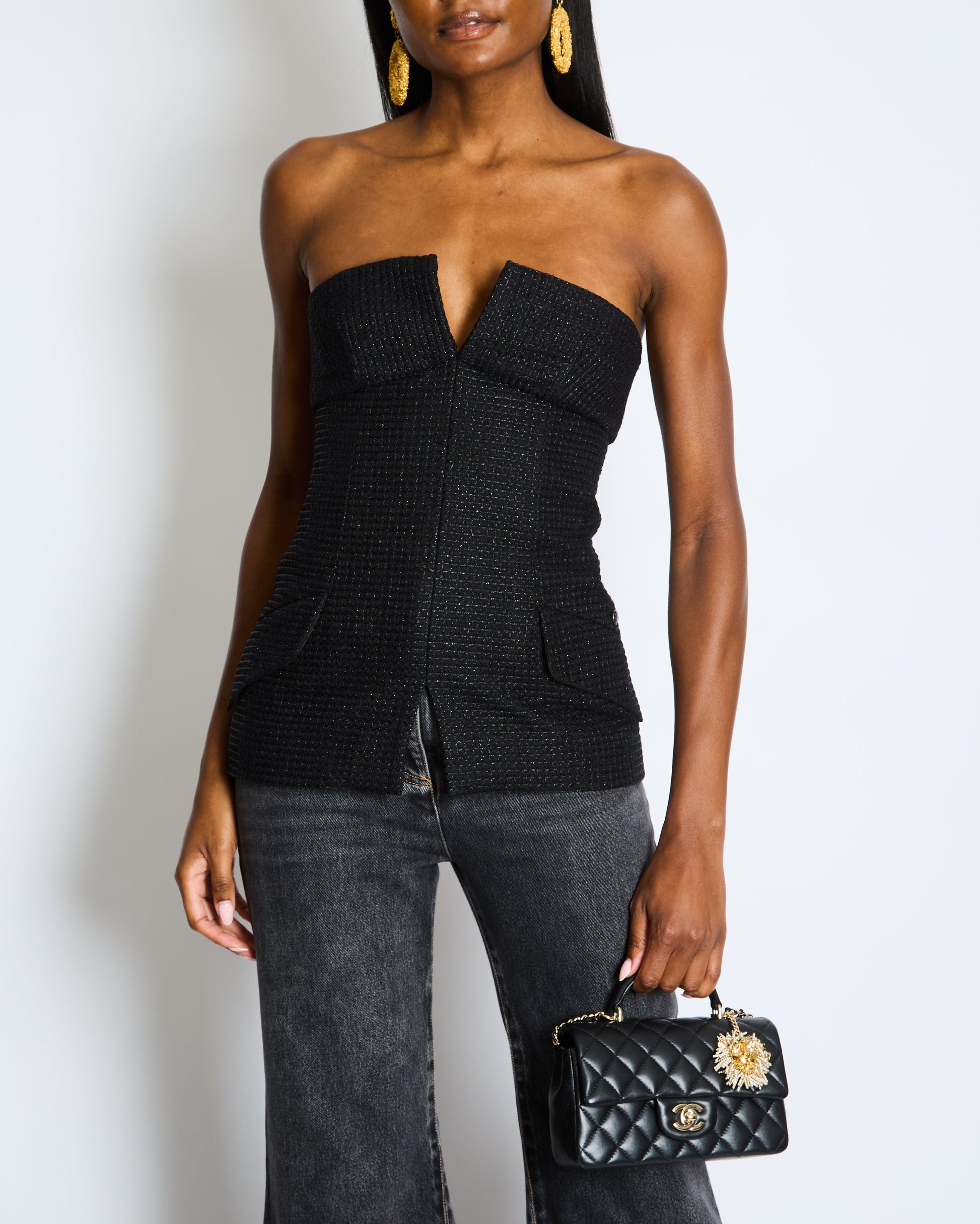 Chanel Black Shimmery Sleeveless Tweed Bustier Top With Silver Cc Logo Button Size Fr 34 (Uk 6) Bag