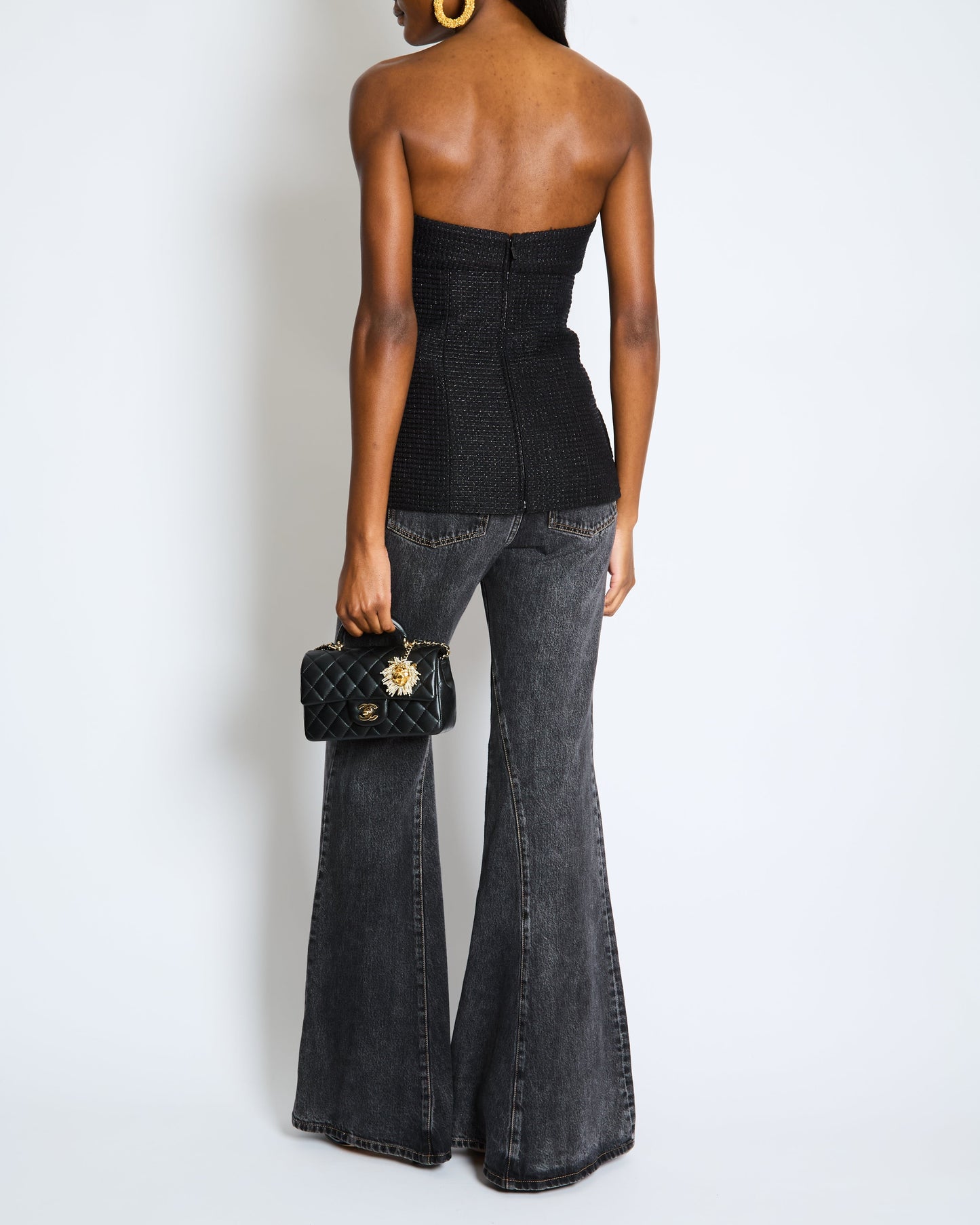 Chanel Black Shimmery Sleeveless Tweed Bustier Top With Silver Cc Logo Button Size Fr 34 (Uk 6) Bag