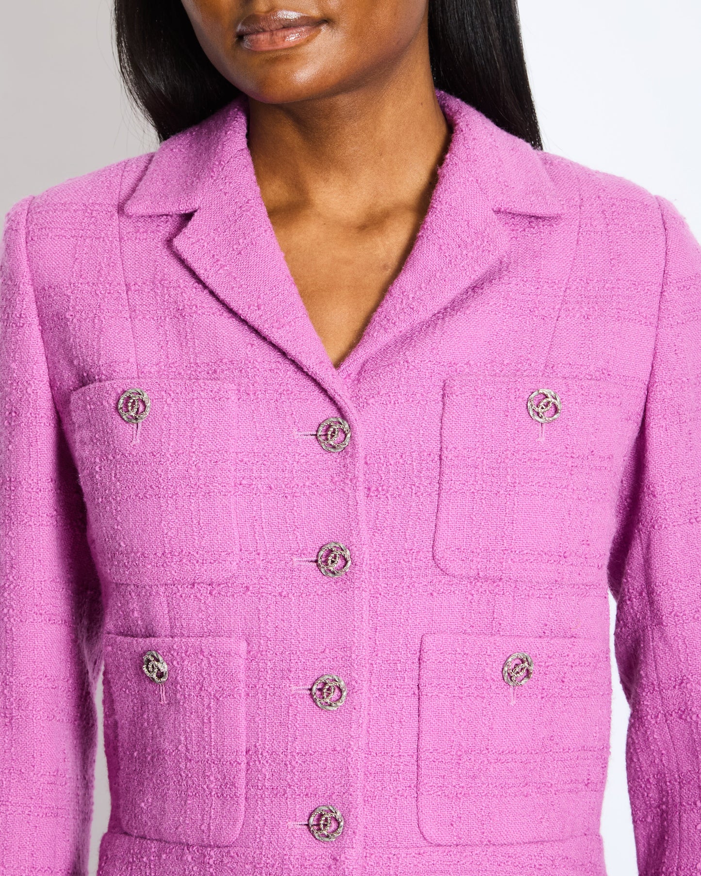 Chanel  FW/23 Purple Wool Tweed Jacket with Silver CC Logo Buttons Size FR 36 (UK 8)