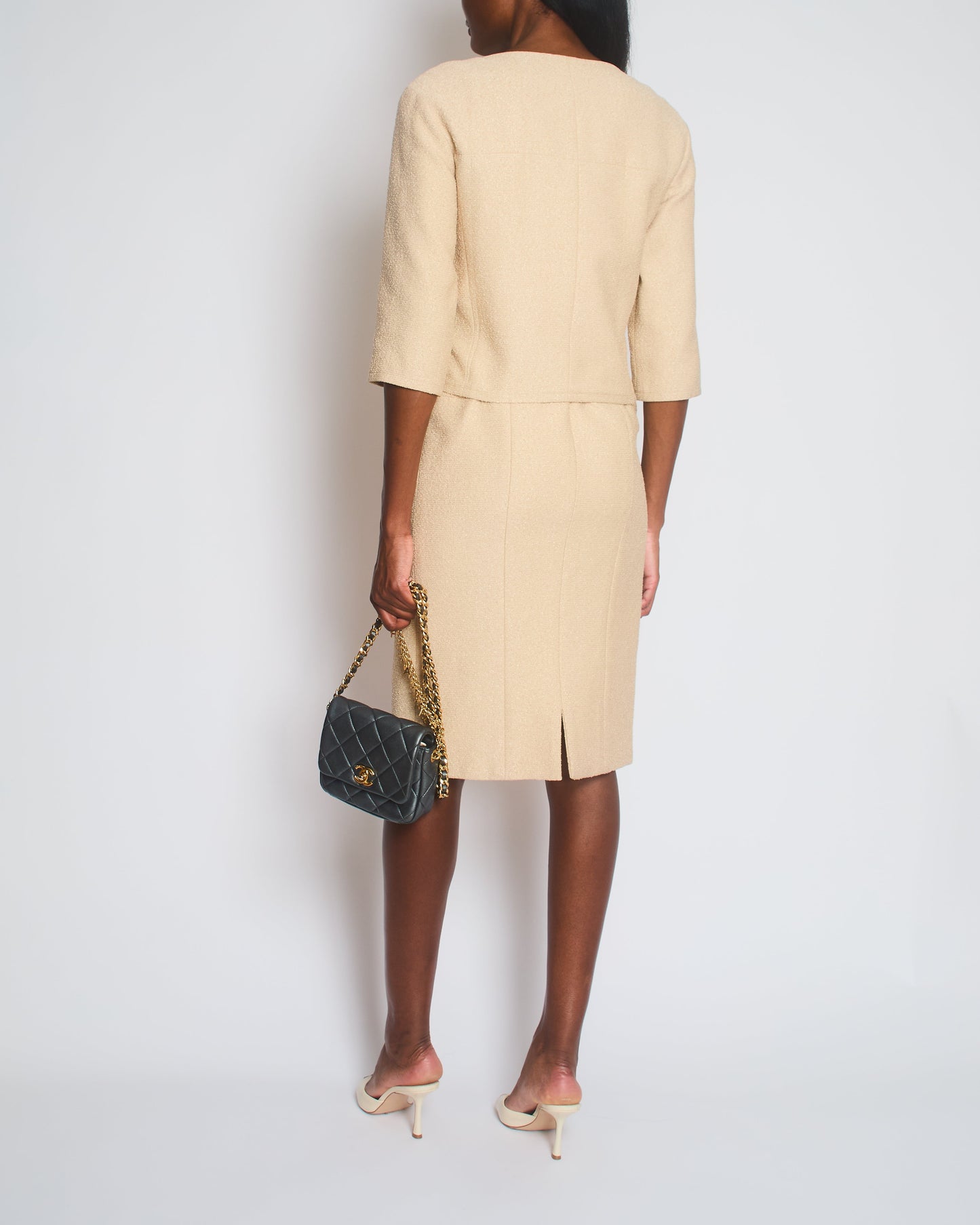 Chanel Cream Tweed Suit Jacket and Dress Set with Gold CC Logo Buttons Size FR 36-38 (UK 8-10)