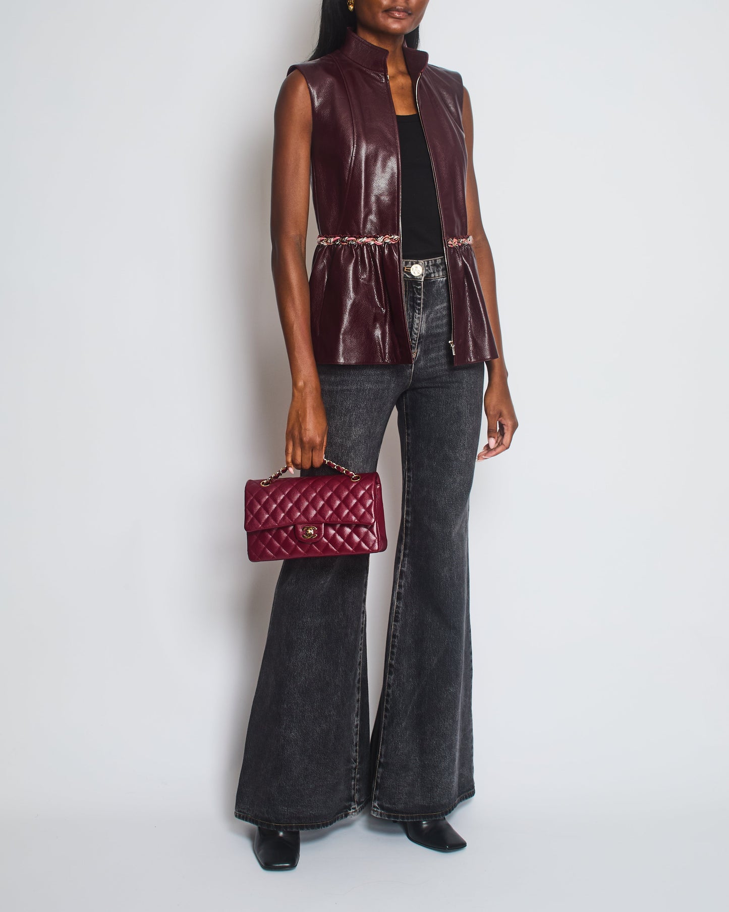 Chanel 2023 Burgundy Bordeaux Leather Gilet with Tweed Trim and Peplum Hem Size FR 36 (UK 8)