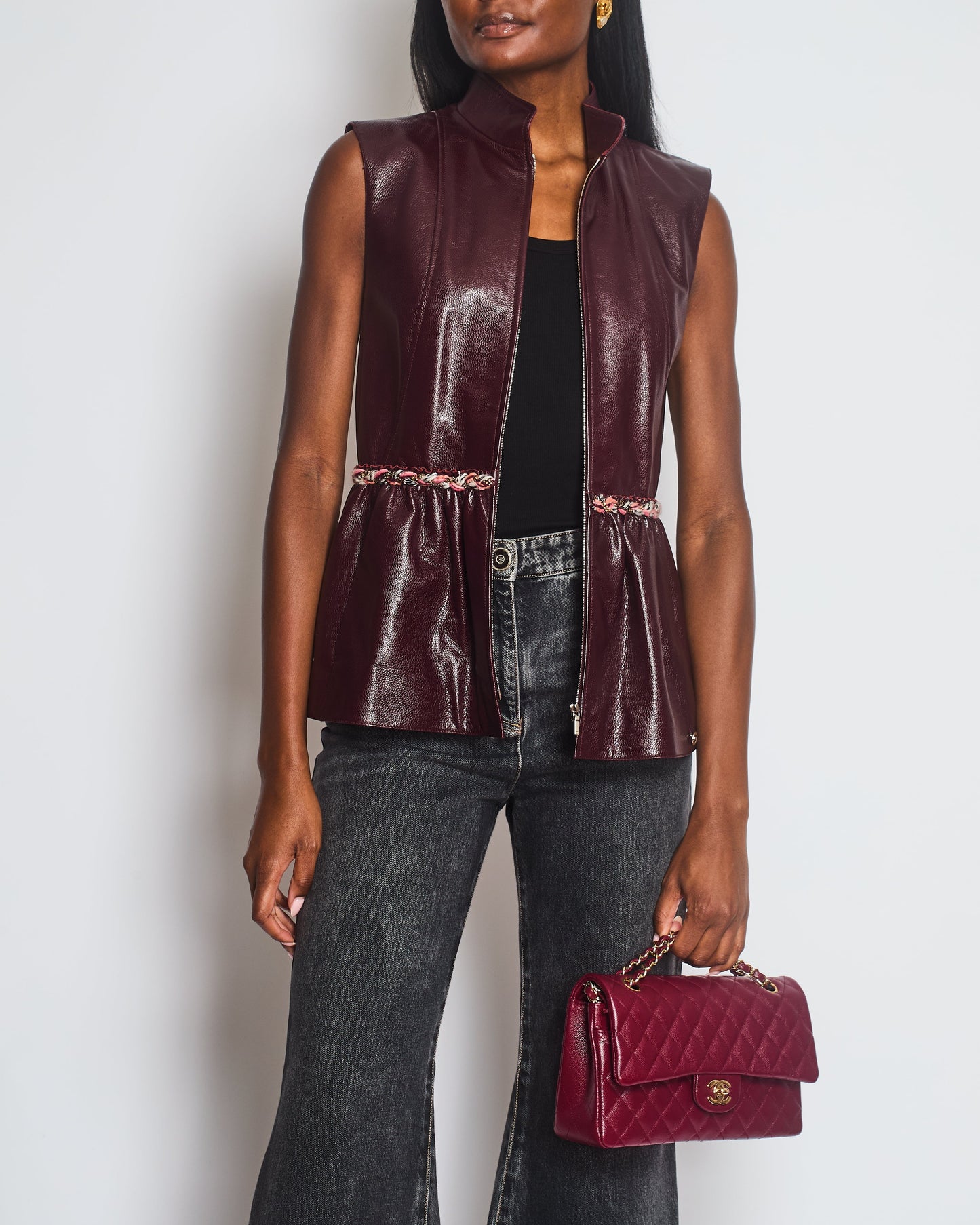 Chanel 2023 Burgundy Bordeaux Leather Gilet with Tweed Trim and Peplum Hem Size FR 36 (UK 8)