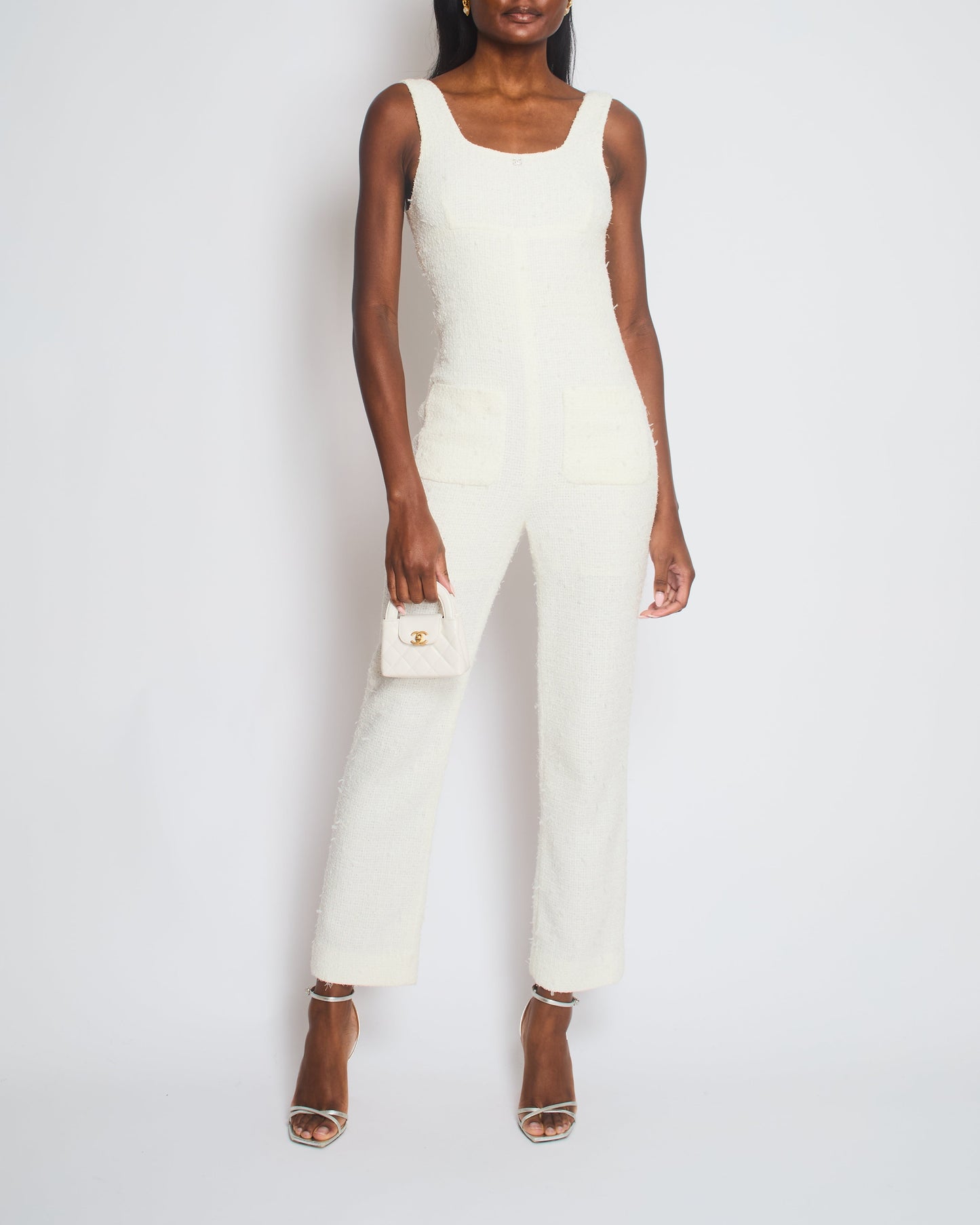 Chanel 23/M White Tweed Coco Beach Backless Jumpsuit With Crystal Cc Logo Size Fr 36 (Uk 8) Bag