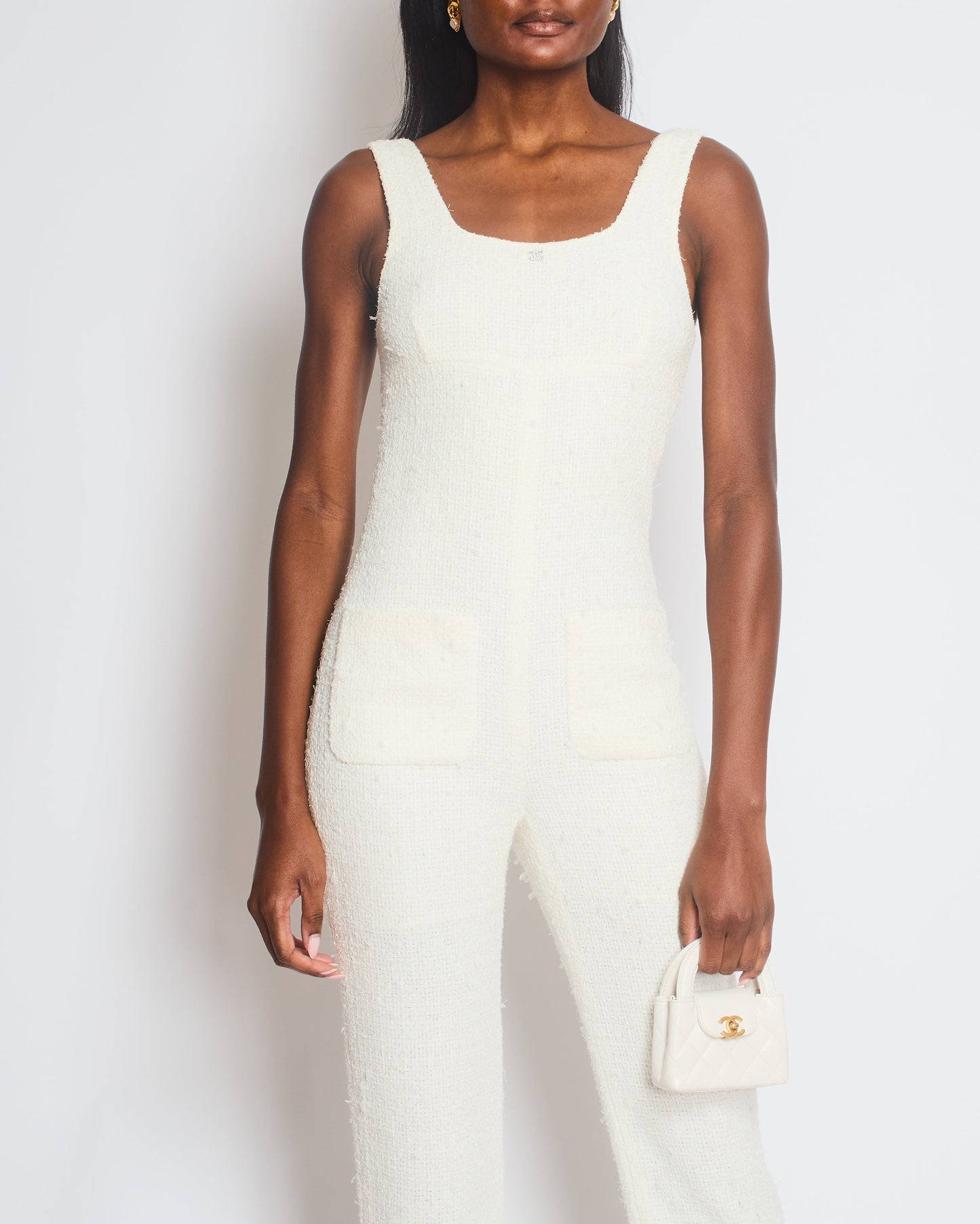Chanel 23/M White Tweed Coco Beach Backless Jumpsuit with Crystal CC Logo Size FR 36 (UK 8)