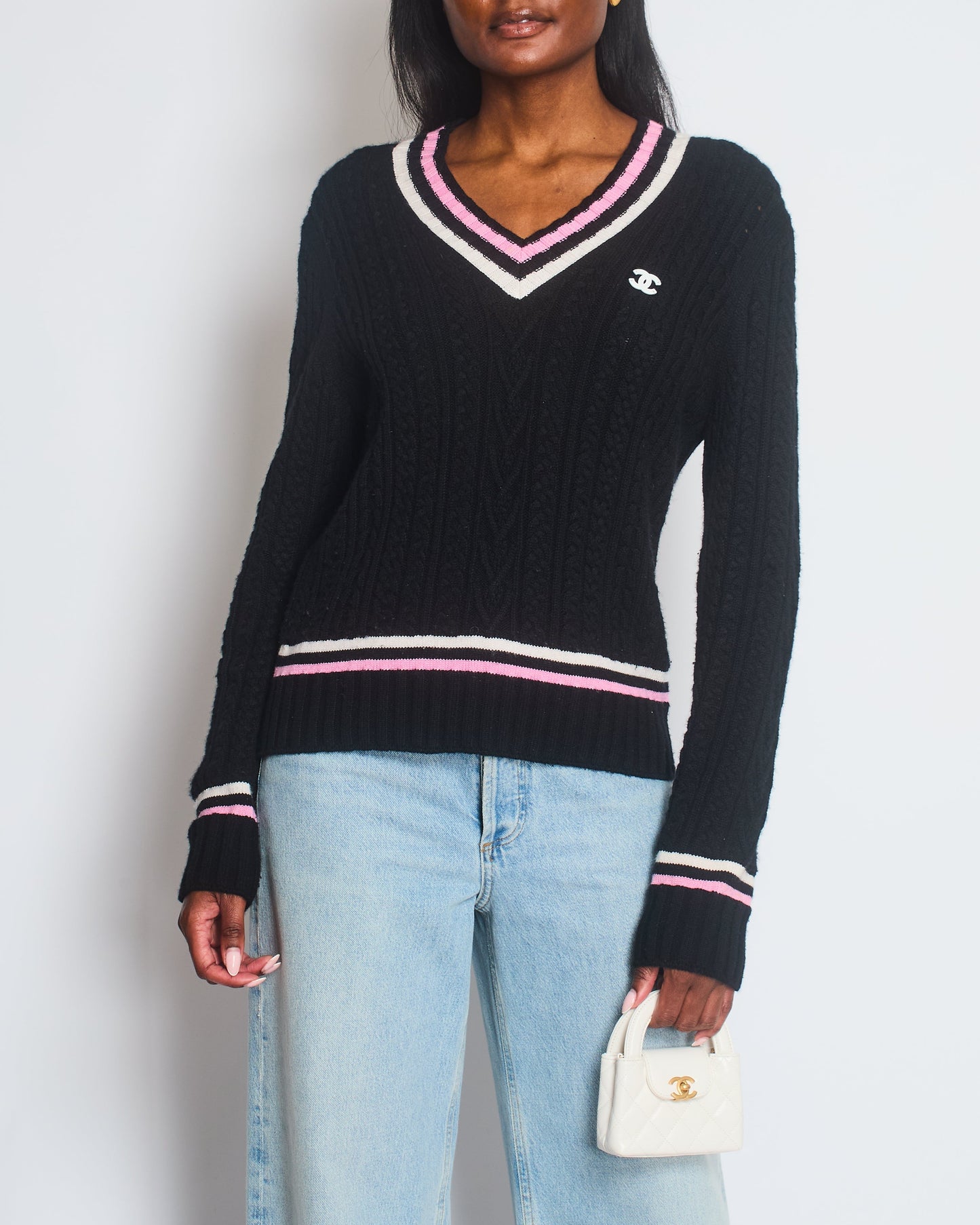 Chanel 23/P Black Cable-Knit V-Neck Long Sleeve Jumper with Pink and White Stripe Detail and CC Logo Size FR 40 (UK 12)