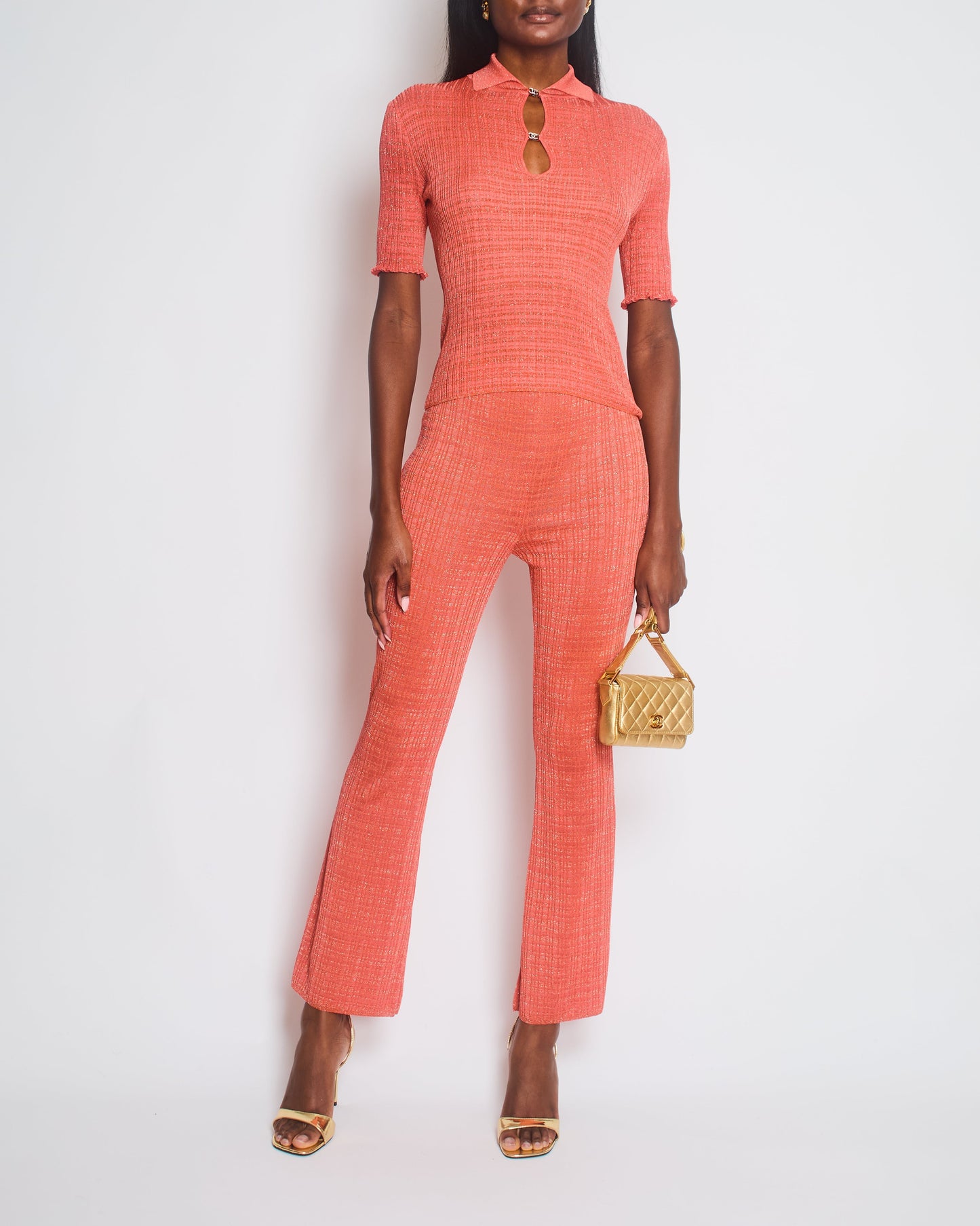 Chanel 22/P Coral Ribbed Knit Short Sleeve Top and Tro rs with Silver CC Logo Detail Size FR 34-36 (UK 6-8)