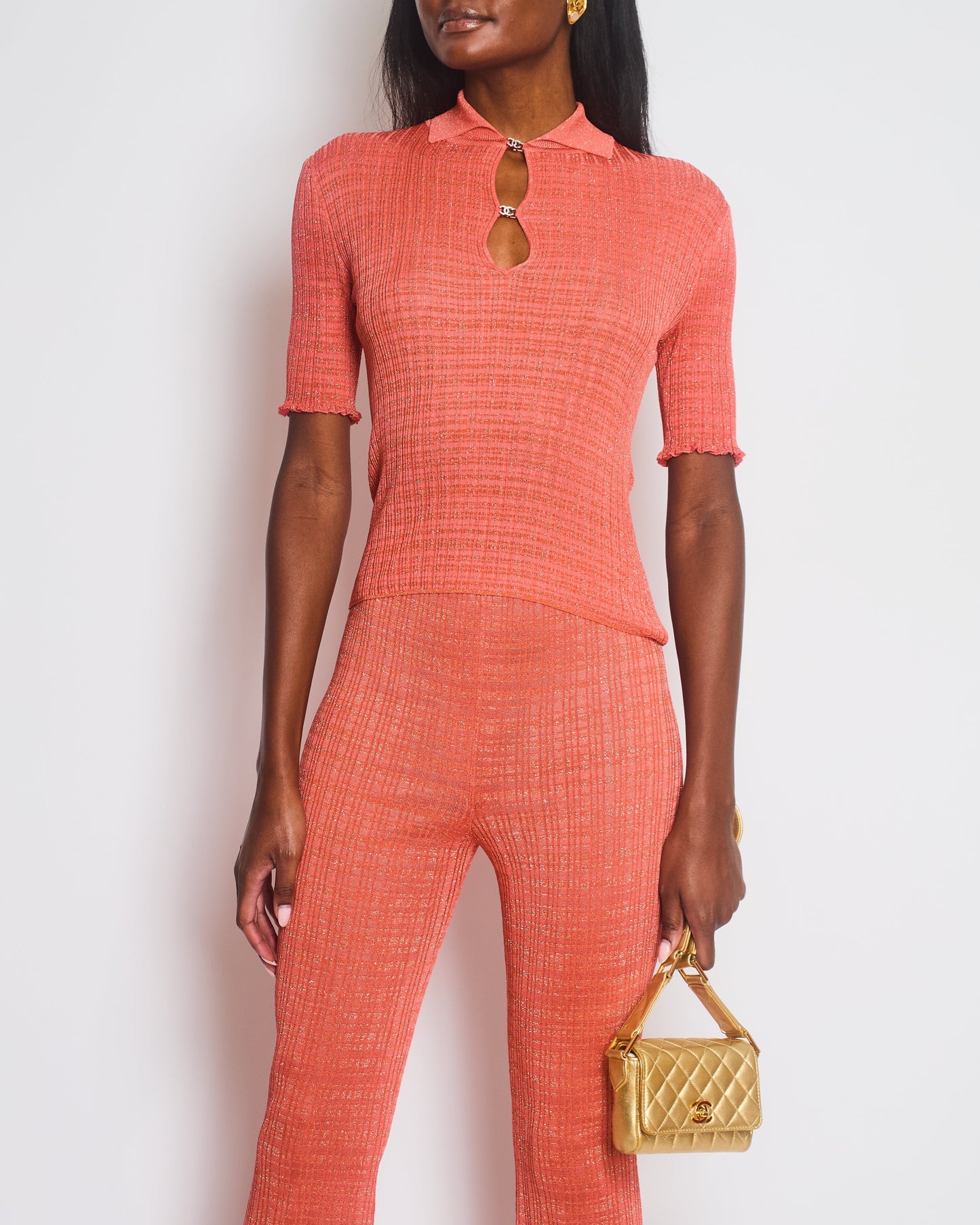 Chanel 22/P Coral Ribbed Knit Short Sleeve Top and Tro rs with Silver CC Logo Detail Size FR 34-36 (UK 6-8)