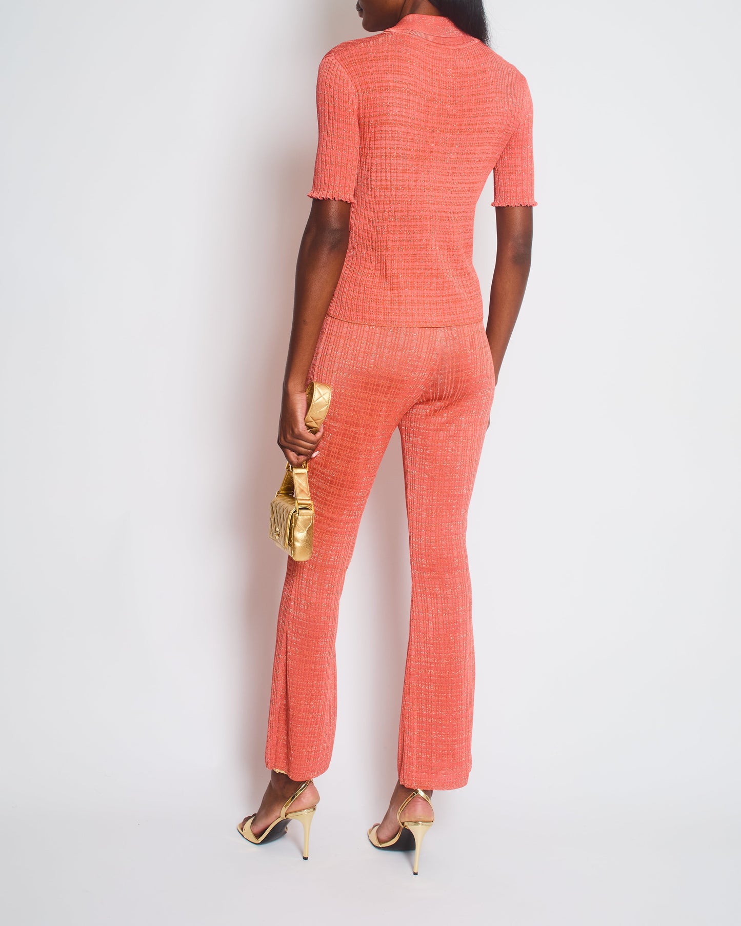 Chanel 22/P Coral Ribbed Knit Short Sleeve Top and Tro rs with Silver CC Logo Detail Size FR 34-36 (UK 6-8)