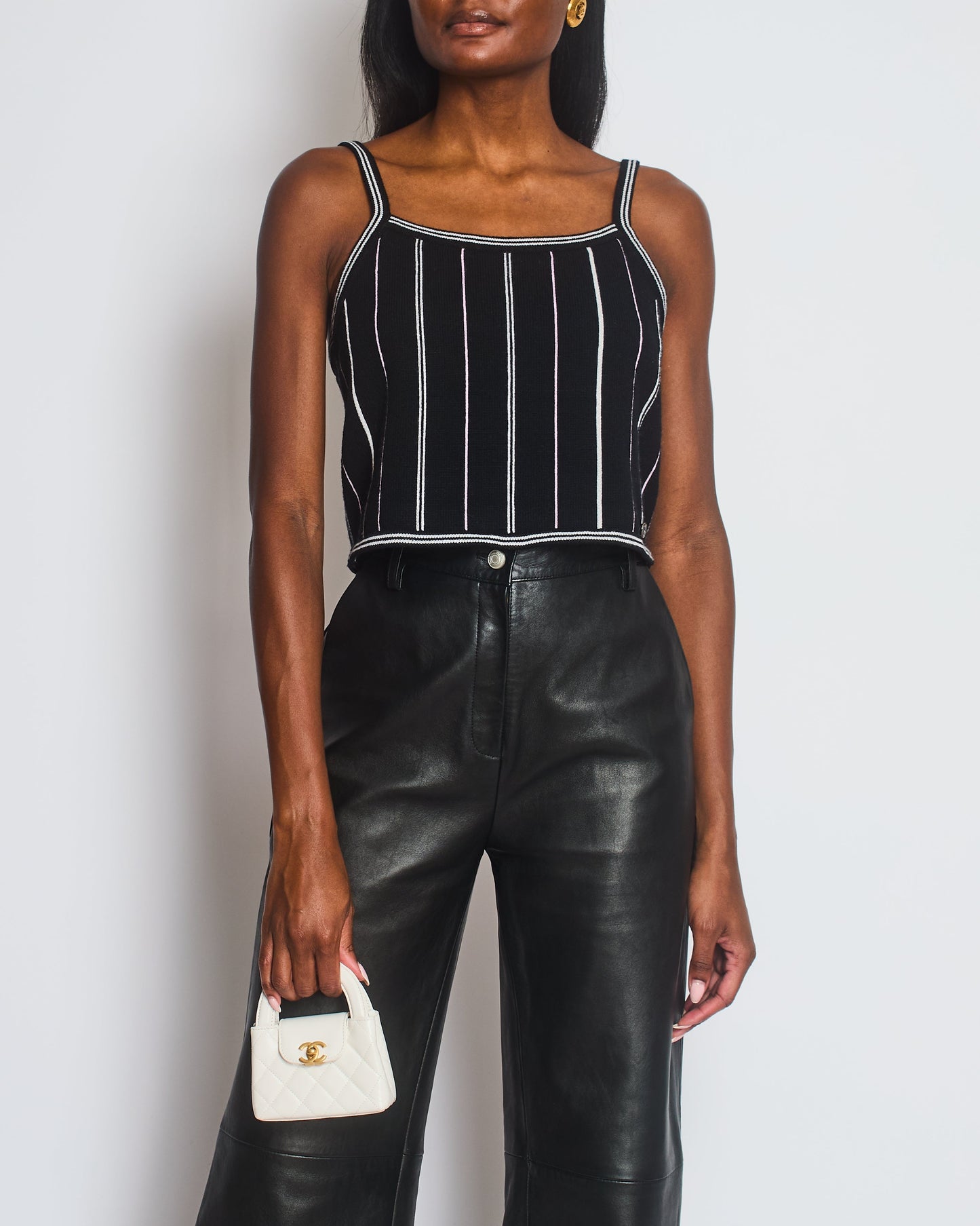 Chanel 23/P Black Knitted Vest Top With White & Light Pink Stripes Detail Size Fr 38 (Uk 10) Bag