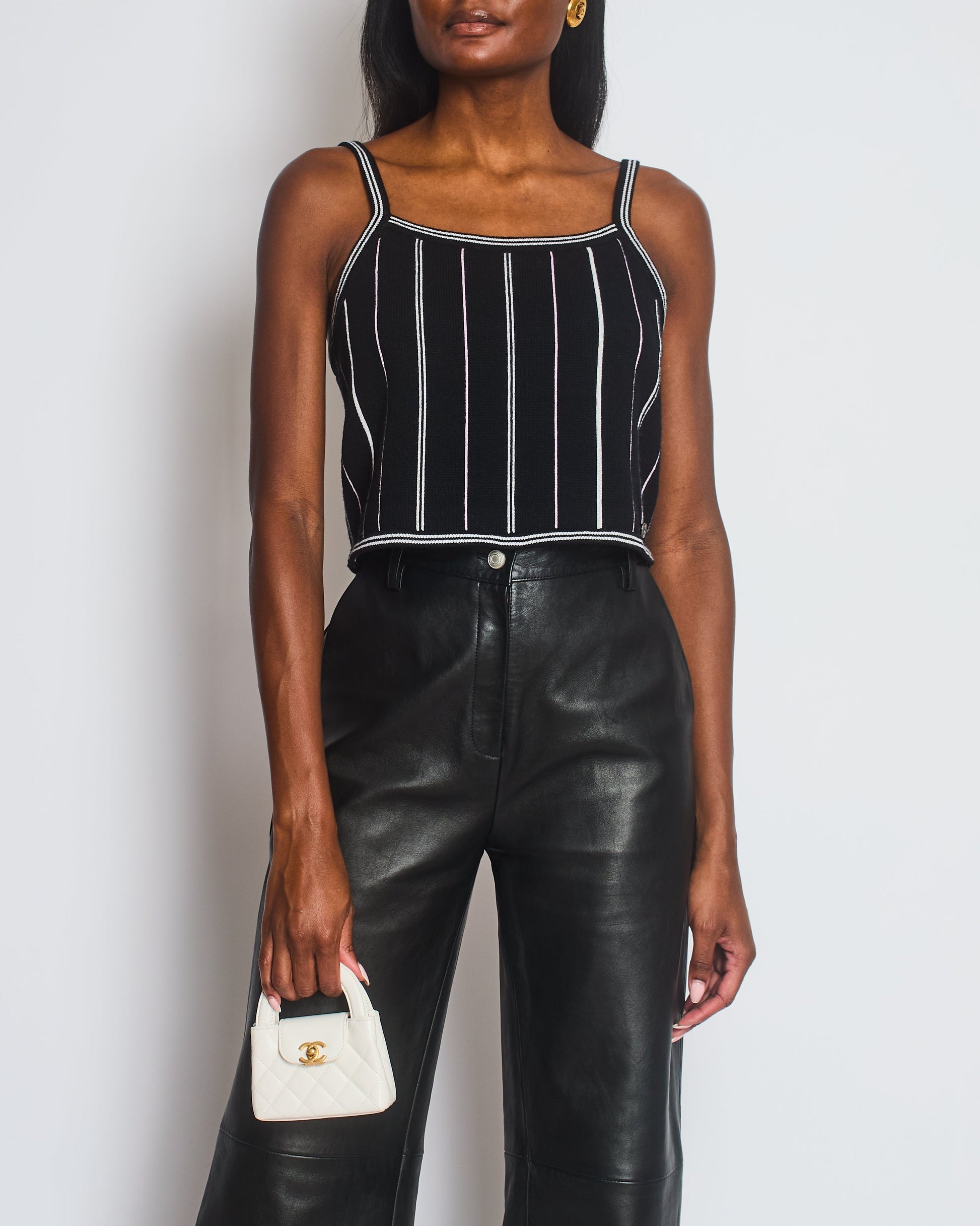 Chanel 23/P Black Knitted Vest Top With White & Light Pink Stripes Detail Size Fr 38 (Uk 10) Bag