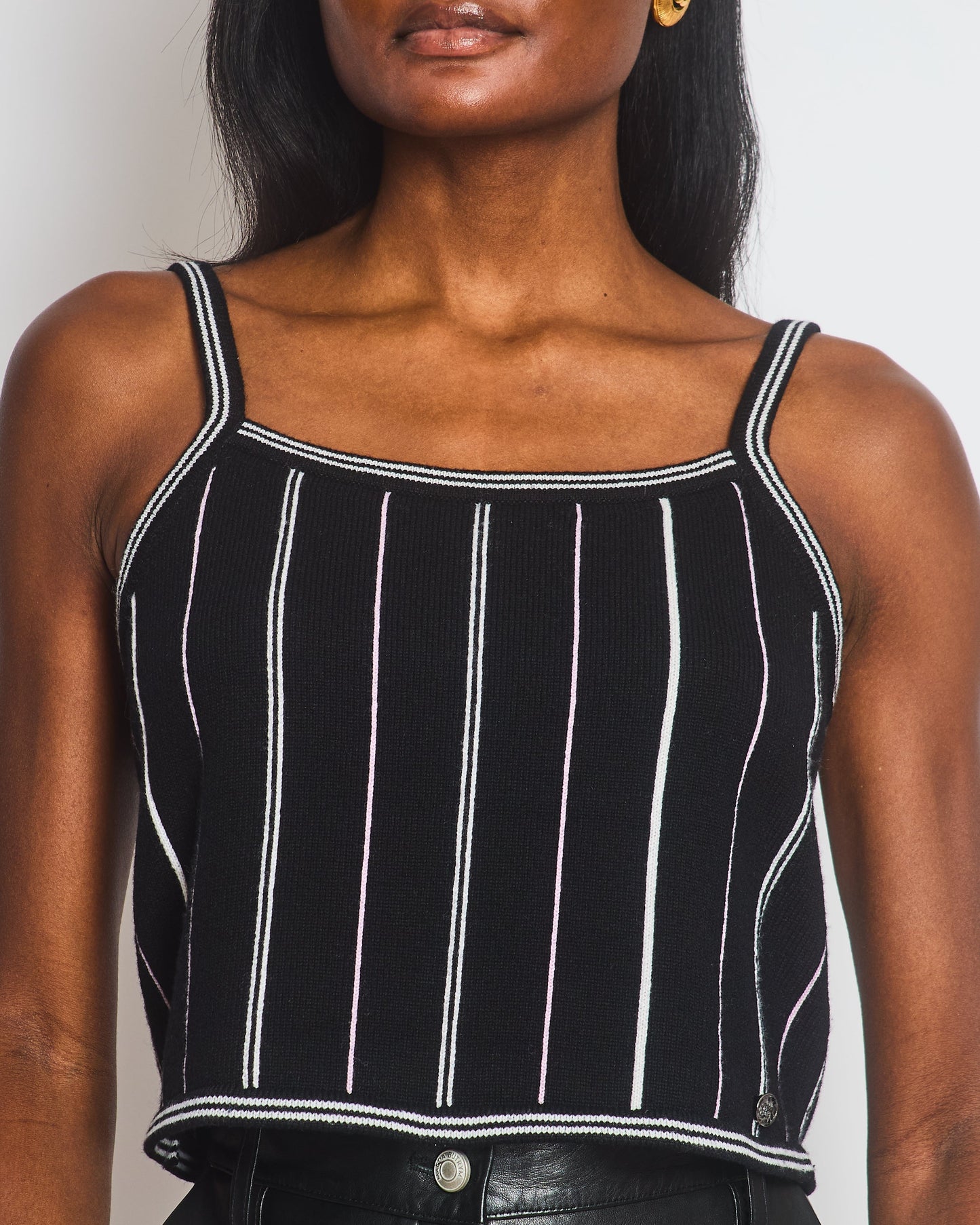 Chanel 23/P Black Knitted Vest Top With White & Light Pink Stripes Detail Size Fr 38 (Uk 10) Bag