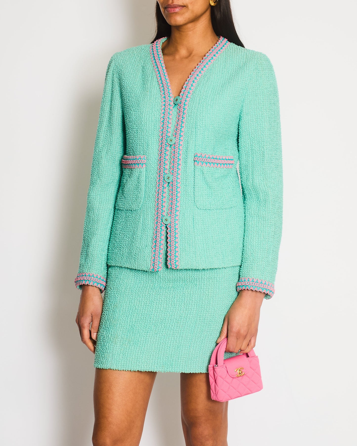 Chanel 1997   Mint Green & Pink Tweed Jacket and Skirt Set with Contrasting Stitching Details Size FR 38 (UK 10)